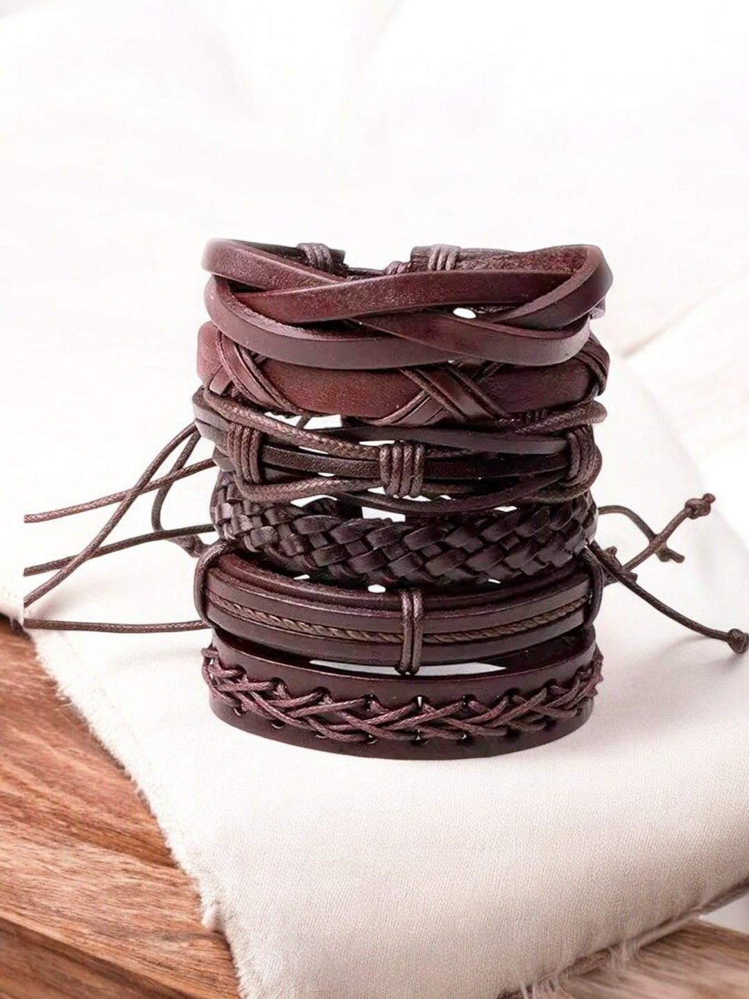 

fabula Men Pack Of 6 Leather Wraparound Bracelet, Brown