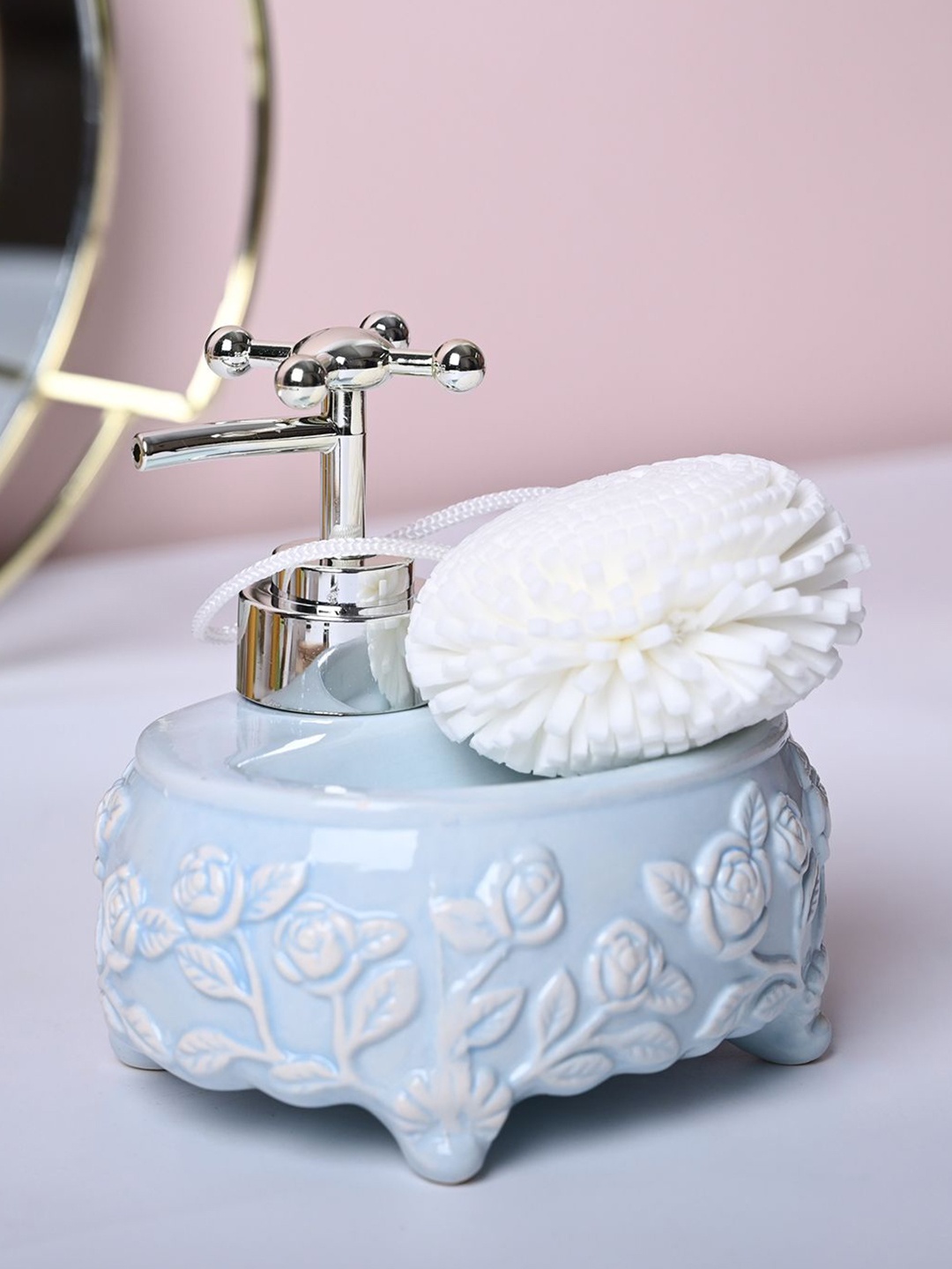 

MARKET99 Turquoise-Blue & White Floral Ceramic Soap Dispenser With Scrubber