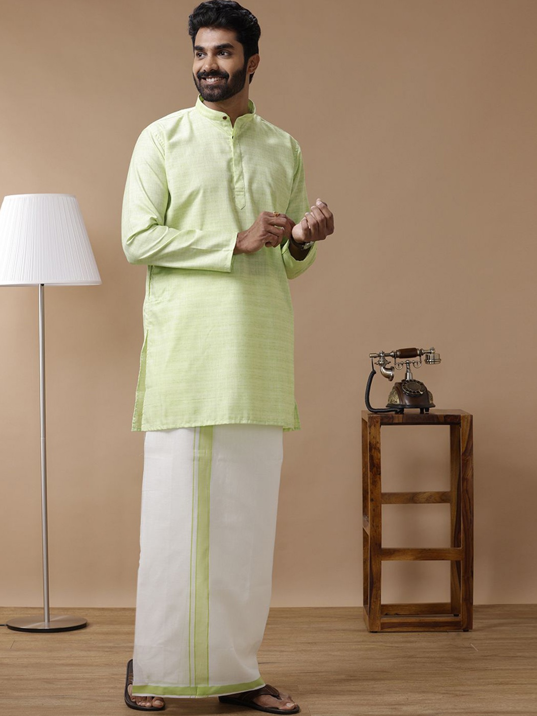

Ramraj Mandarin Collar Long Sleeves Pure Cotton Straight Kurta With Kora Double Dhoti, Green