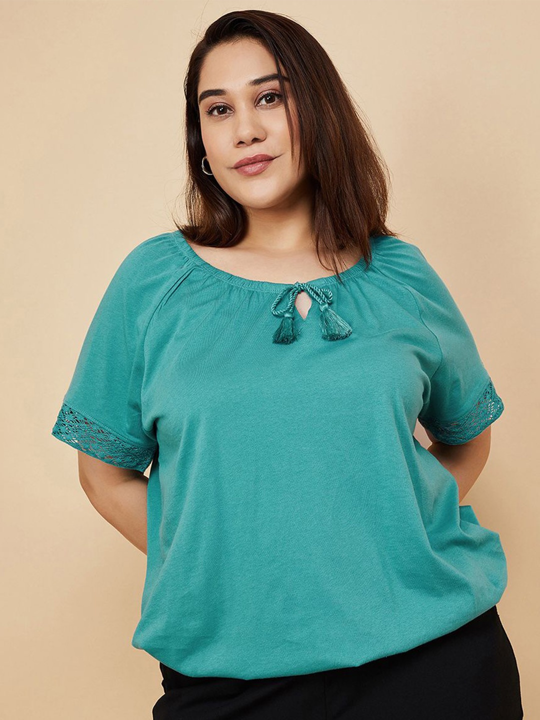 

max Women Plus Size Solid Tie-Up Neck Cotton Top, Green