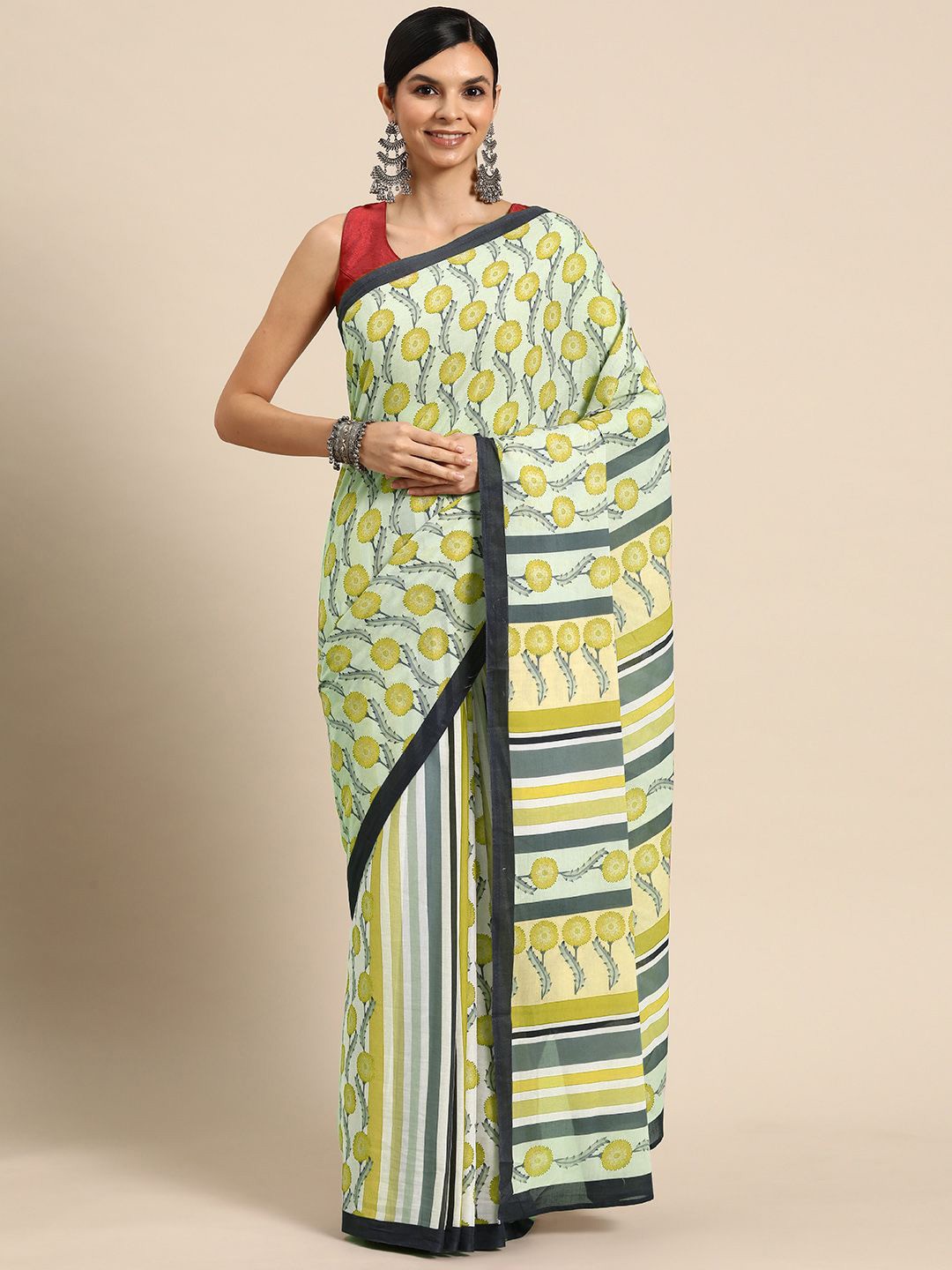 

BUTA BUTI Floral Printed Pure Cotton Saree, Yellow