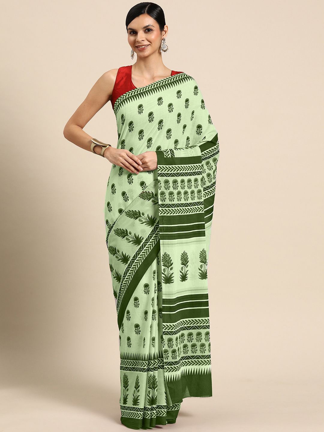 

BUTA BUTI Floral Pure Cotton Printed Saree, Green