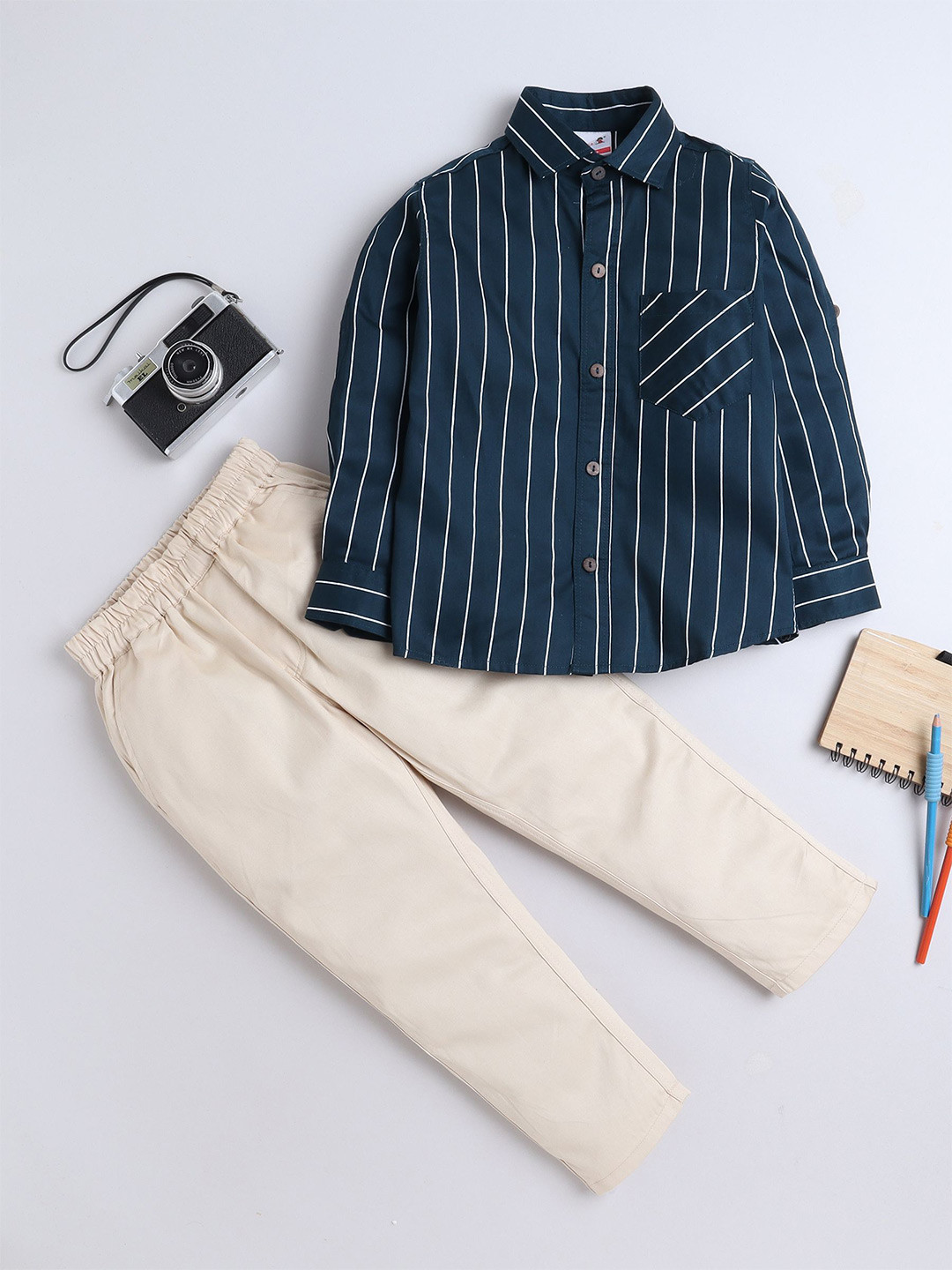 

BAATCHEET Boys Striped Cotton Shirt with Trousers, Teal