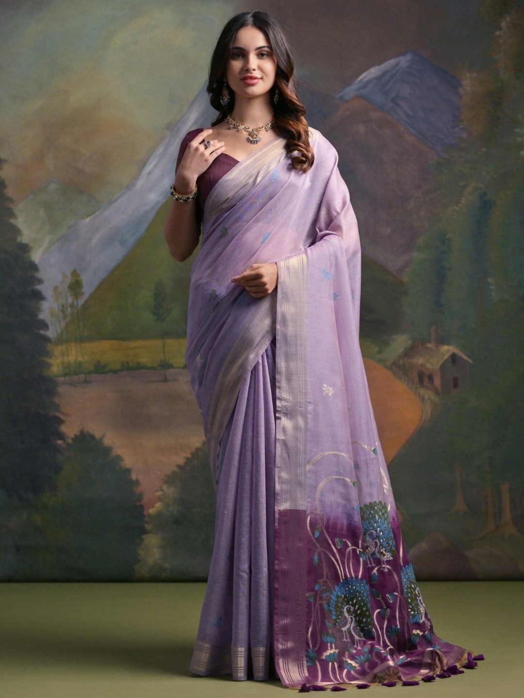 

VISHNU WEAVES Woven Design Zari Pure Cotton Muga Saree, Lavender