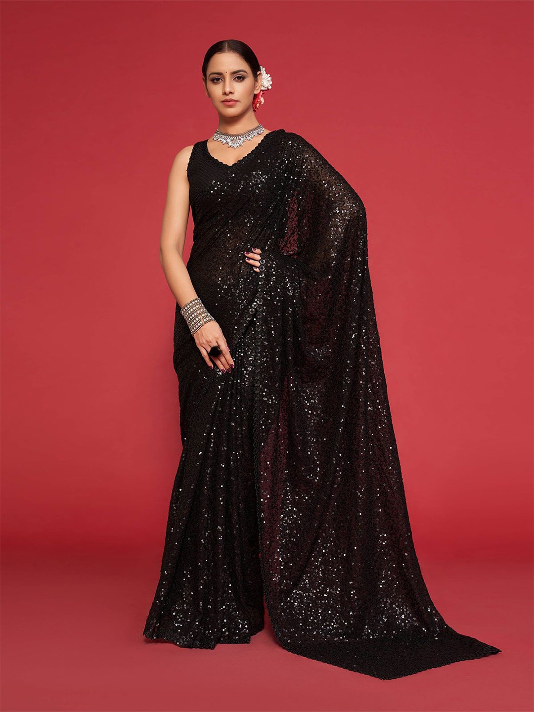 

ODETTE Embellished Sequinned Saree, Black