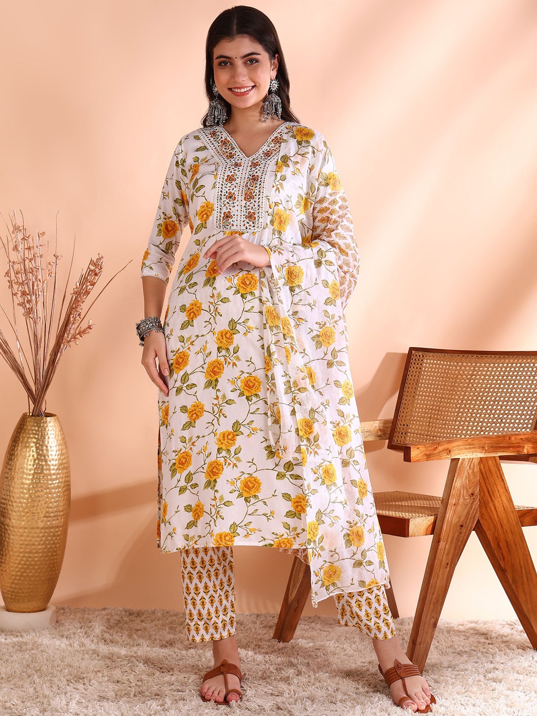 

Ode by House of Pataudi Floral Printed Sequinned Pure Cotton Kurta With Trouser & Dupatta, Mustard