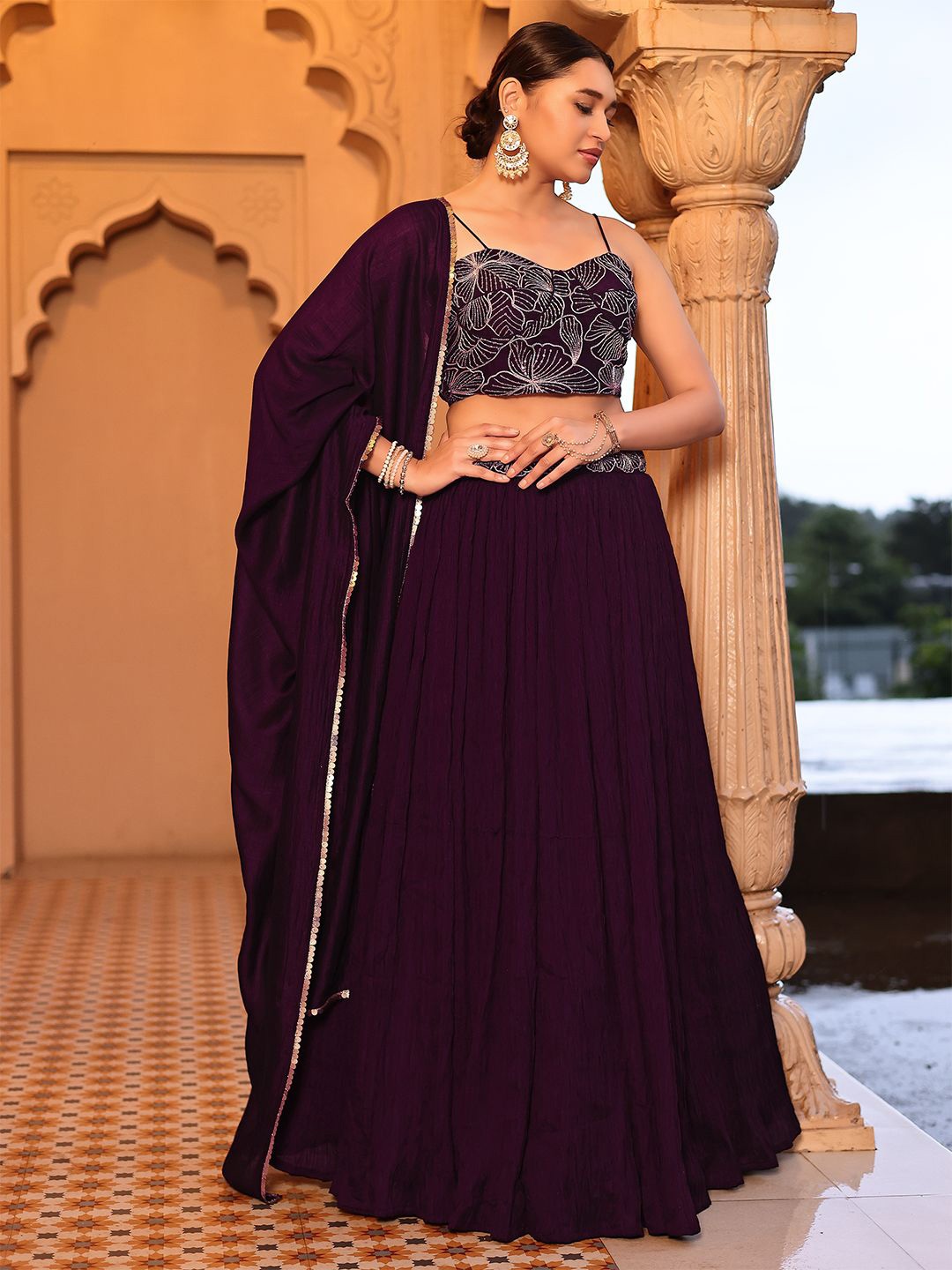 

PURVAJA Embroidered Sequinned Ready to Wear Lehenga & Unstitched Blouse With Dupatta, Burgundy
