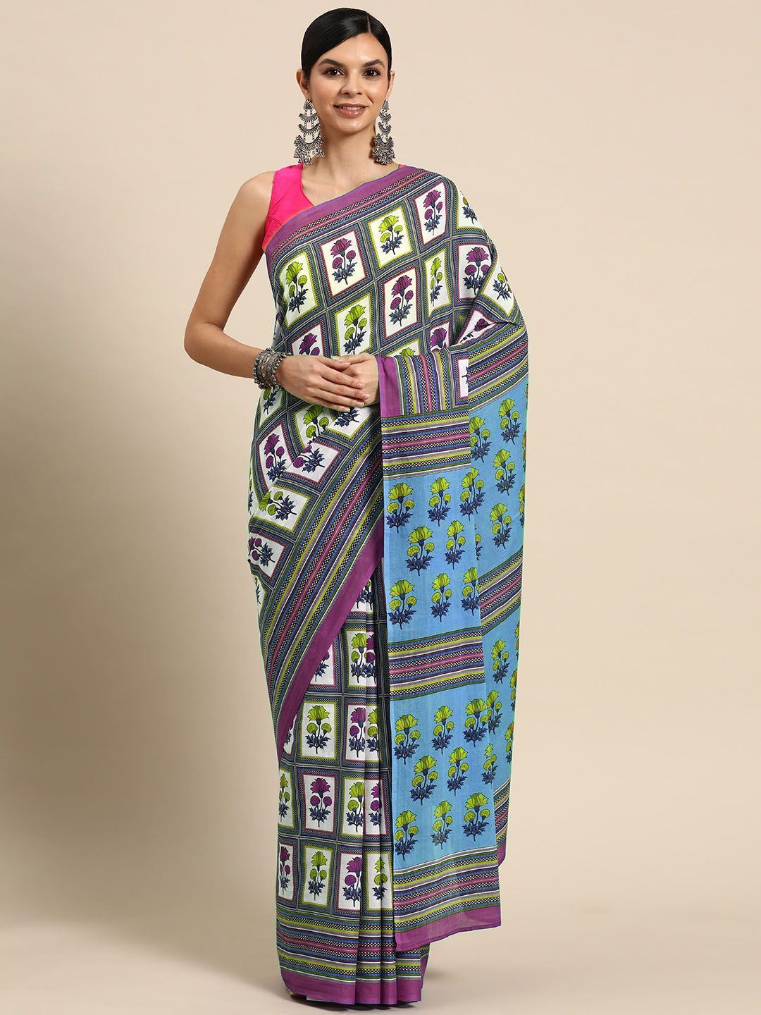 

BUTA BUTI Floral Printed Pure Cotton Saree, Lime green