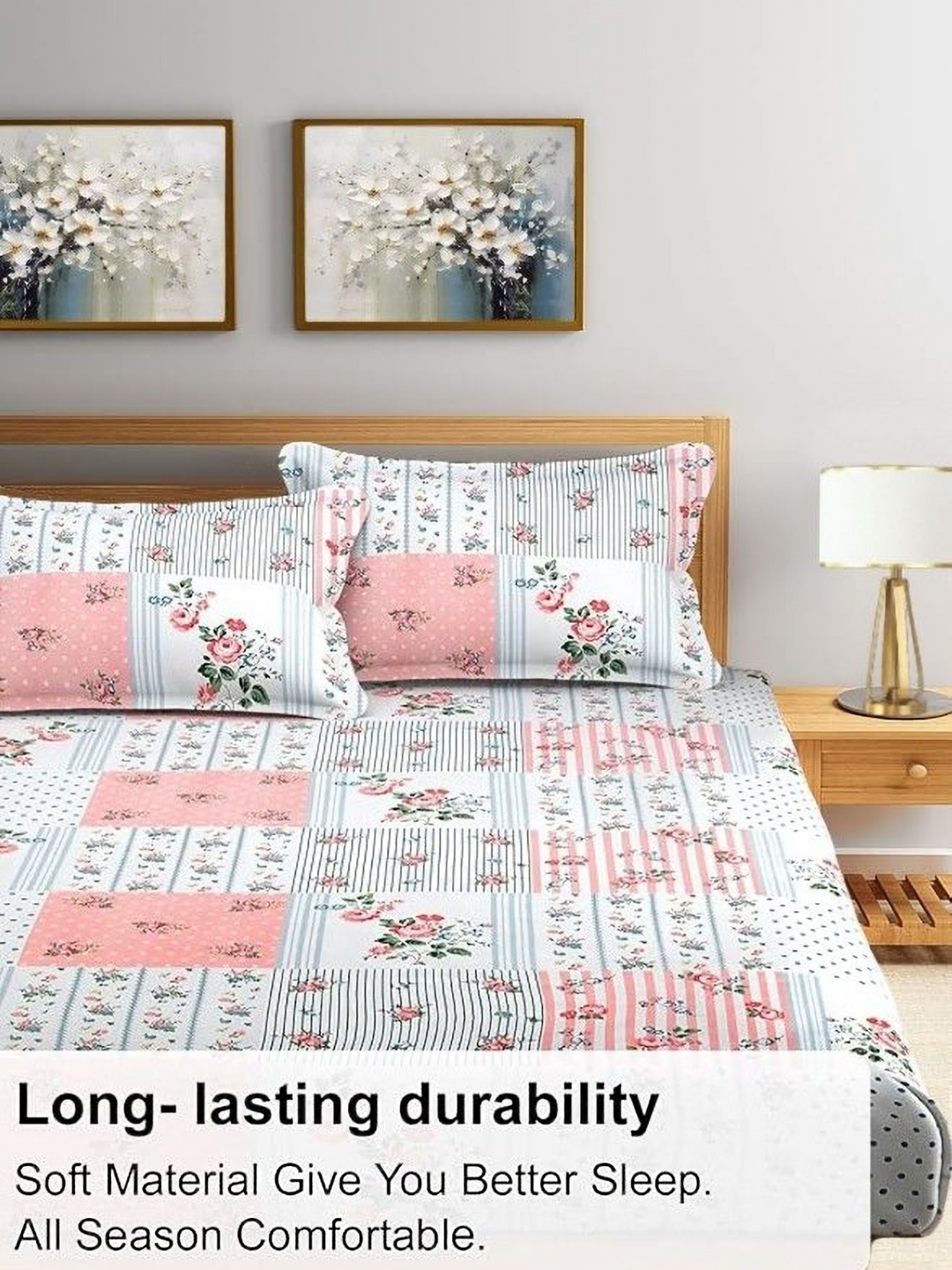 

BREVARD Pink & White Floral 210 TC Queen Fitted Bedsheet with 2 Pillow Covers