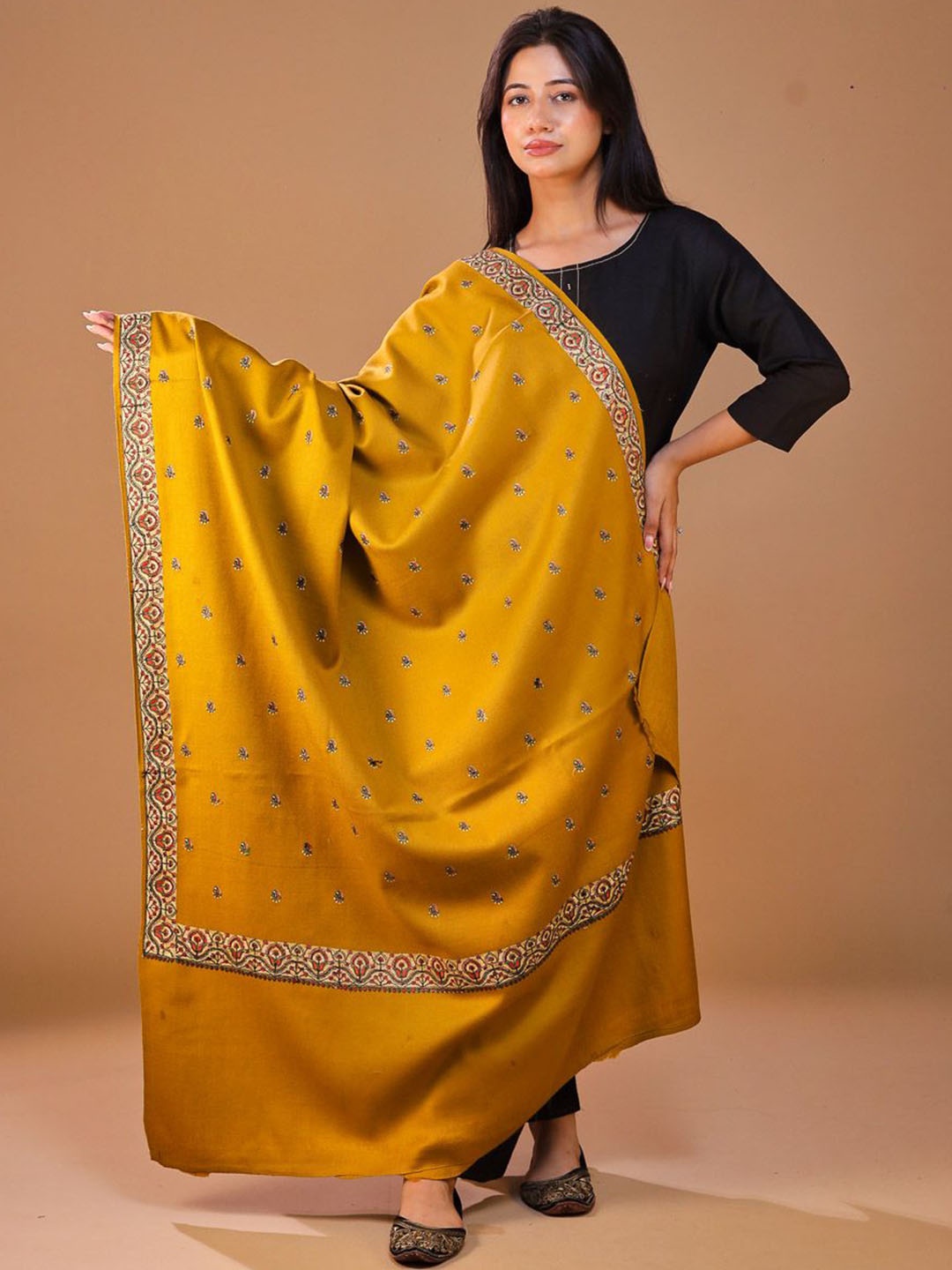 

SWI Stylish Floral Embroidered Pure Wool Pashmina Shawl, Yellow