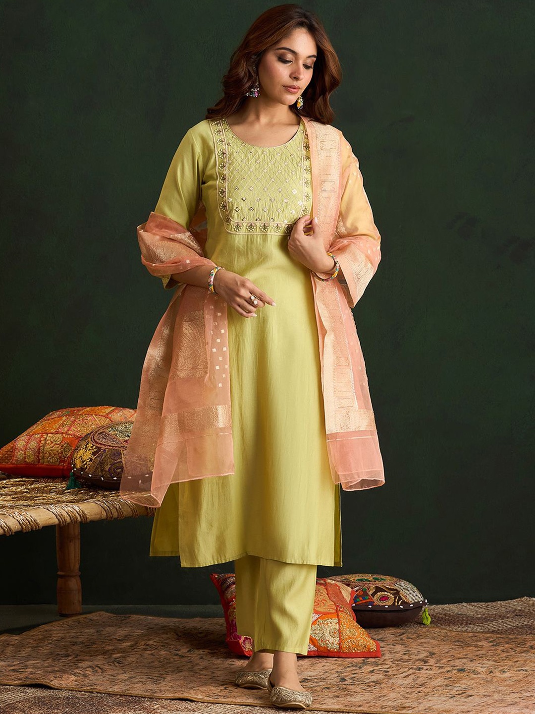 

Indo Era Ethnic Motifs Embroidered Thread Work Liva Kurta with Trousers & Dupatta, Olive