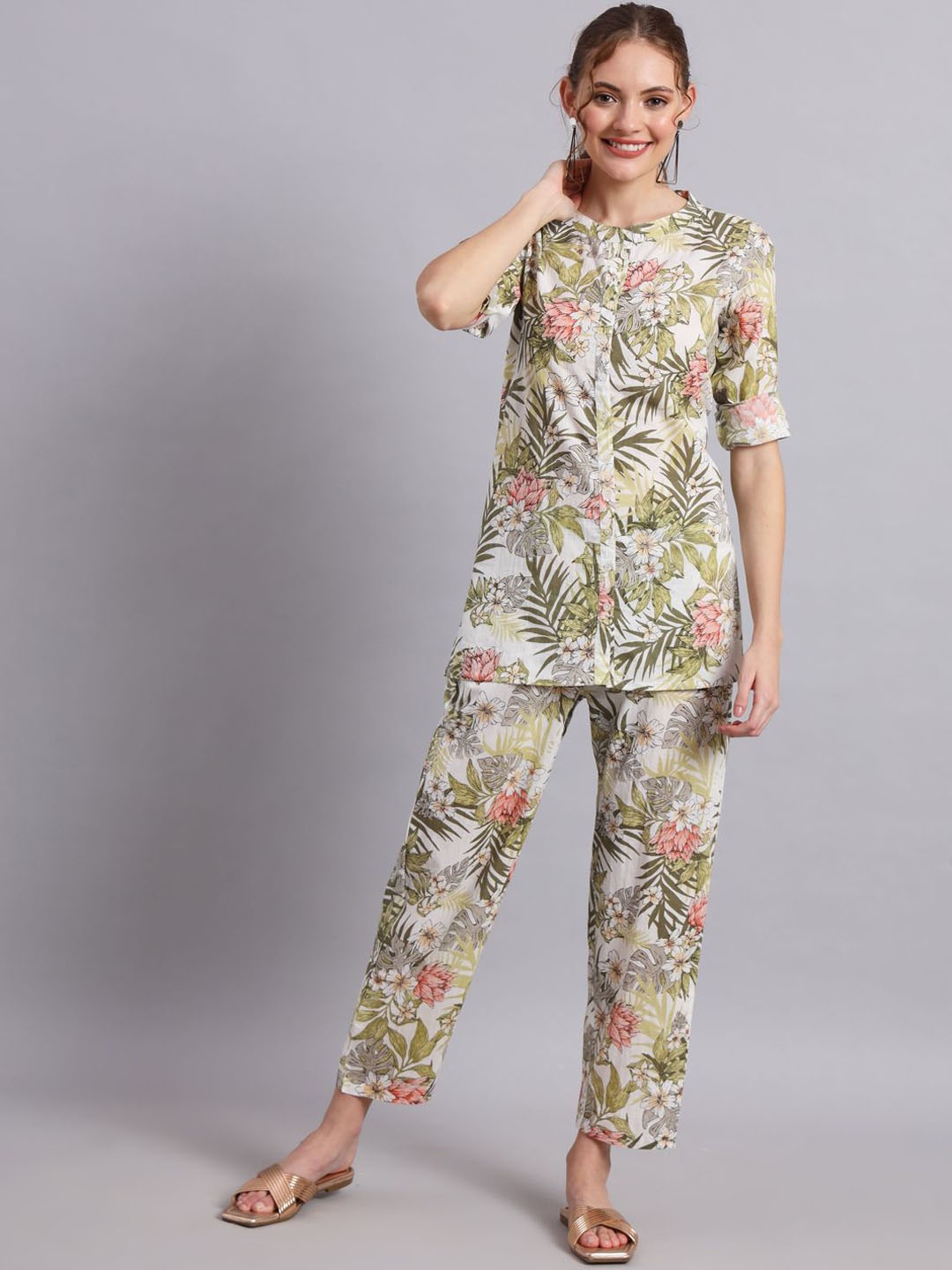

KALINI Floral Printed Mandarin Collar Top & Trousers, White