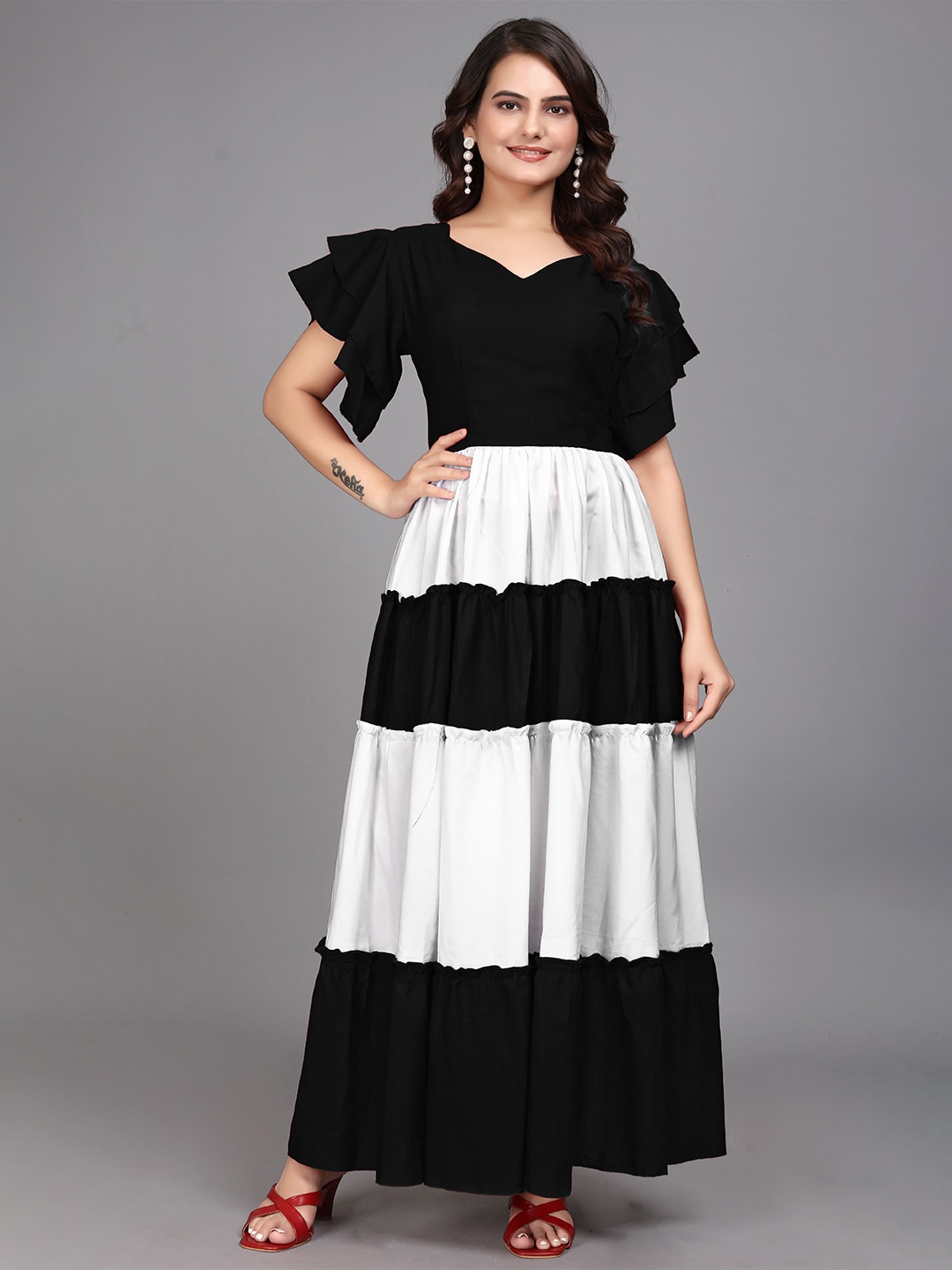 

ZELZIS Women Solid Colourblocked Flutter Sleeve Crepe Maxi Dress, Black