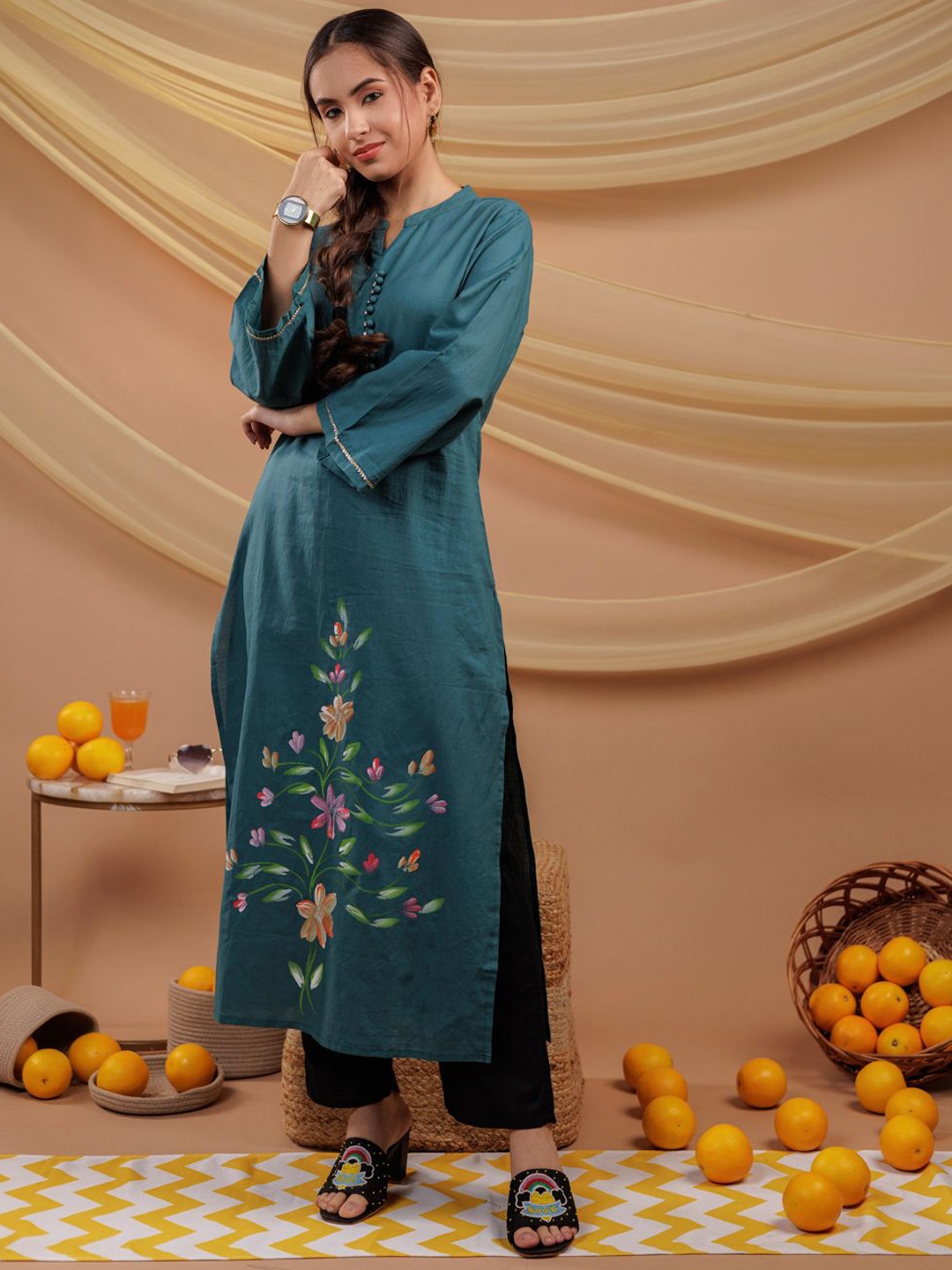 

Yufta Floral Printed Flared Sleeves Cotton Straight Kurta, Teal