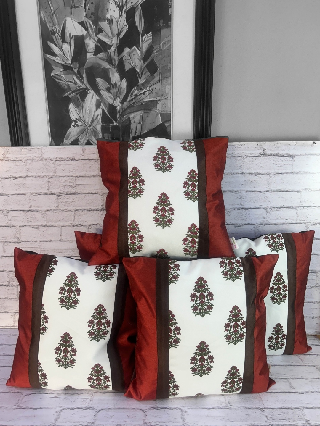 

Pink Parrot White & Maroon 5 Pieces Ethnic Motifs Printed Square Cushion Covers