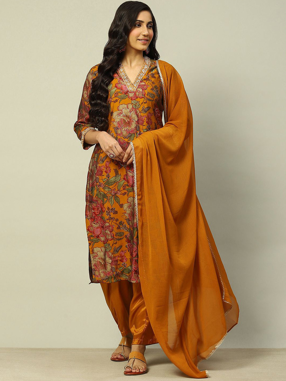 

Rangriti Ethnic Motifs Printed Thread Work V-Neck Straight Kurta With Trousers & Dupatta, Yellow