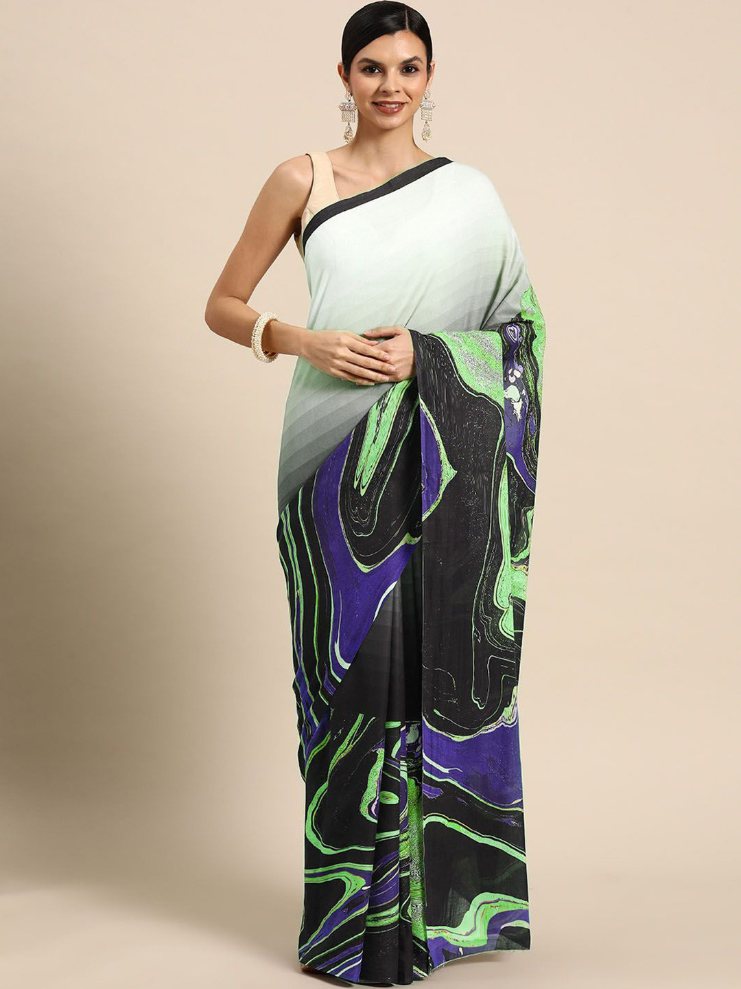 

BUTA BUTI Abstract Printed Cotton Saree, Green