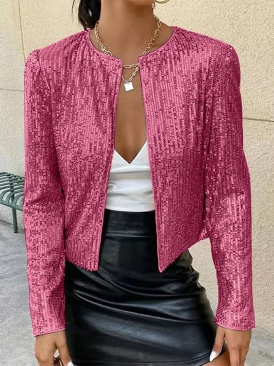 

KPOP Women Solid Collarless Open Front Jacket, Pink