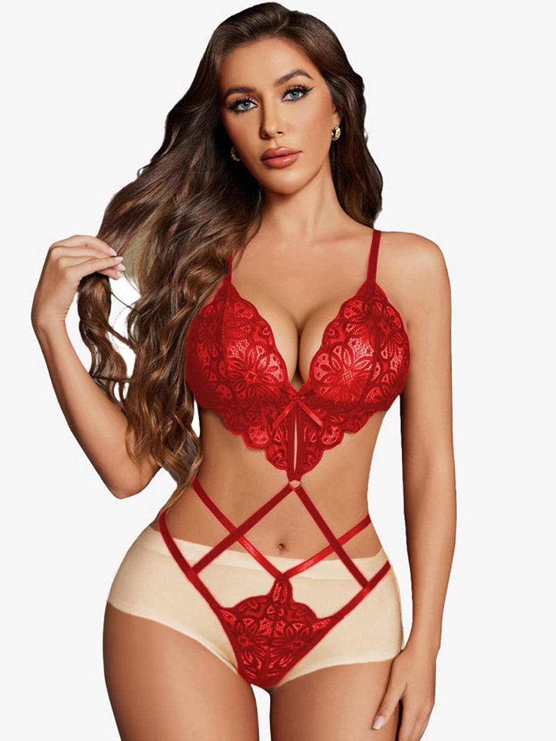 

VAGHBHATT Shoulder Straps Net Baby Doll, Red
