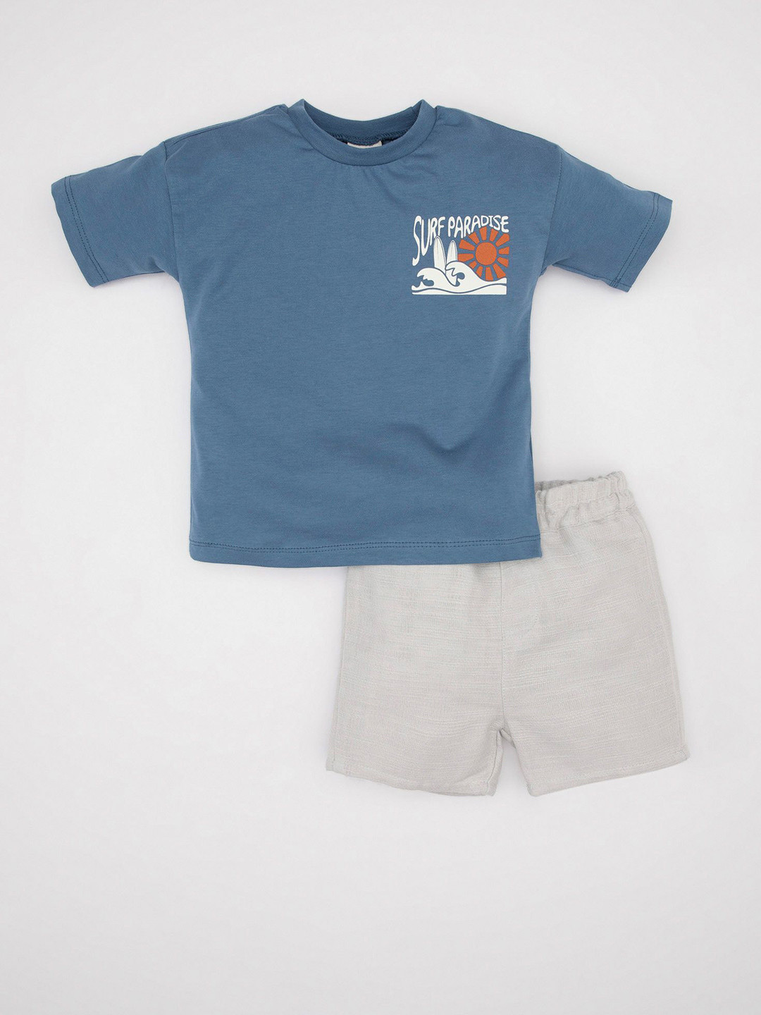 

DeFacto Boys Printed Round Neck Pure Cotton T-shirt With Shorts, Blue