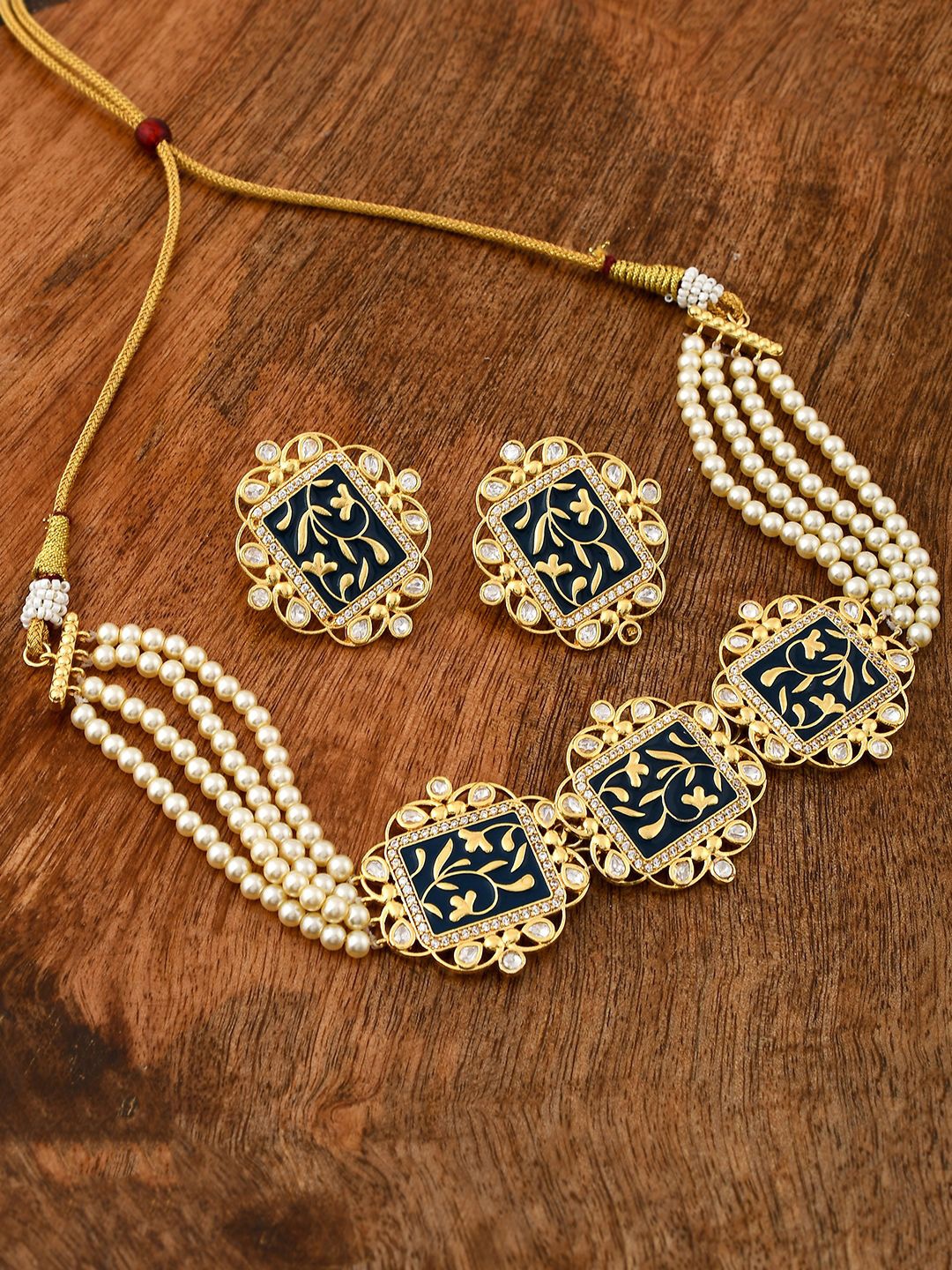 

Voylla Gold-Plated Kundan Studded & Beaded Enamelled Jewellery Set