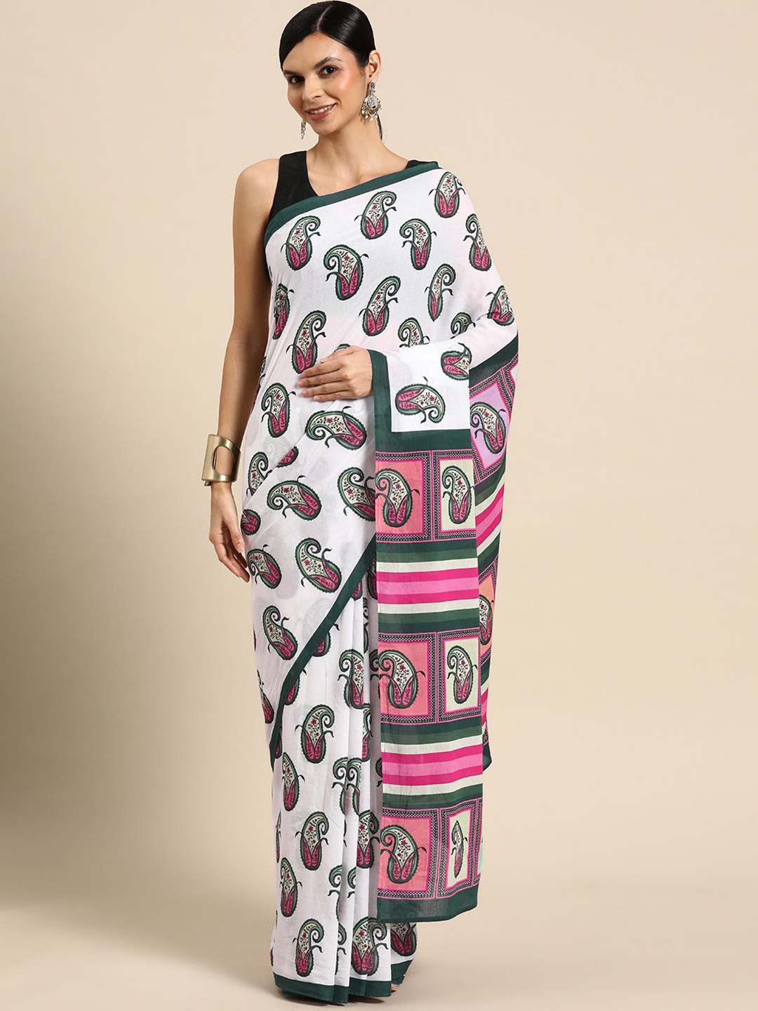 

BUTA BUTI Paisley Printed Pure Cotton Saree, White