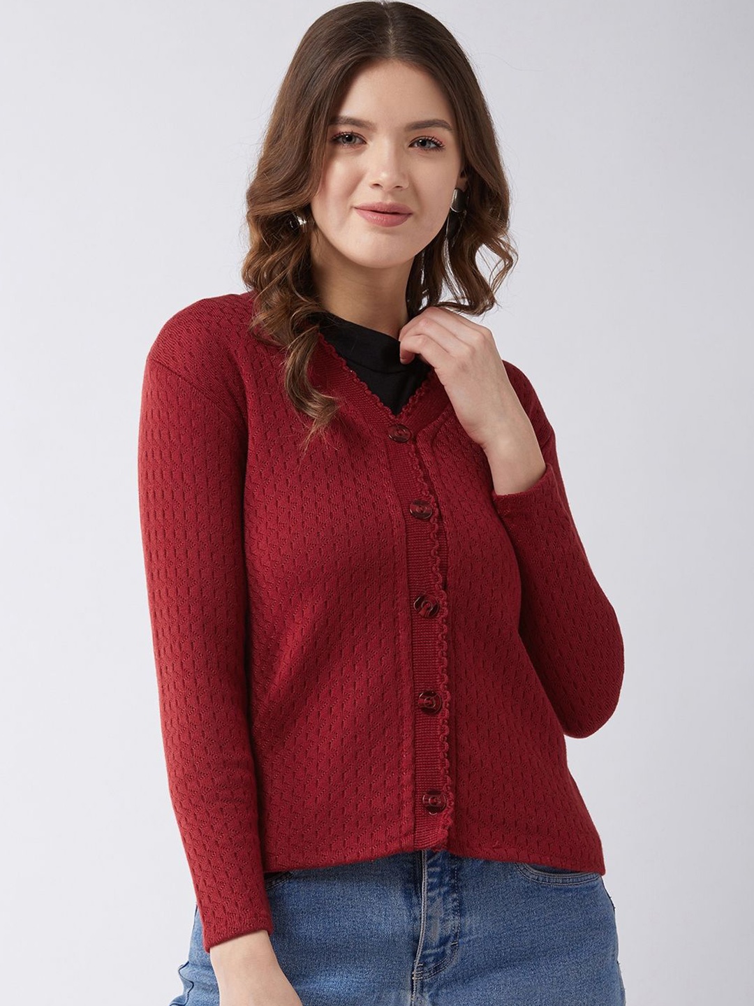 

PIVL Women Self Design Cardigan, Maroon