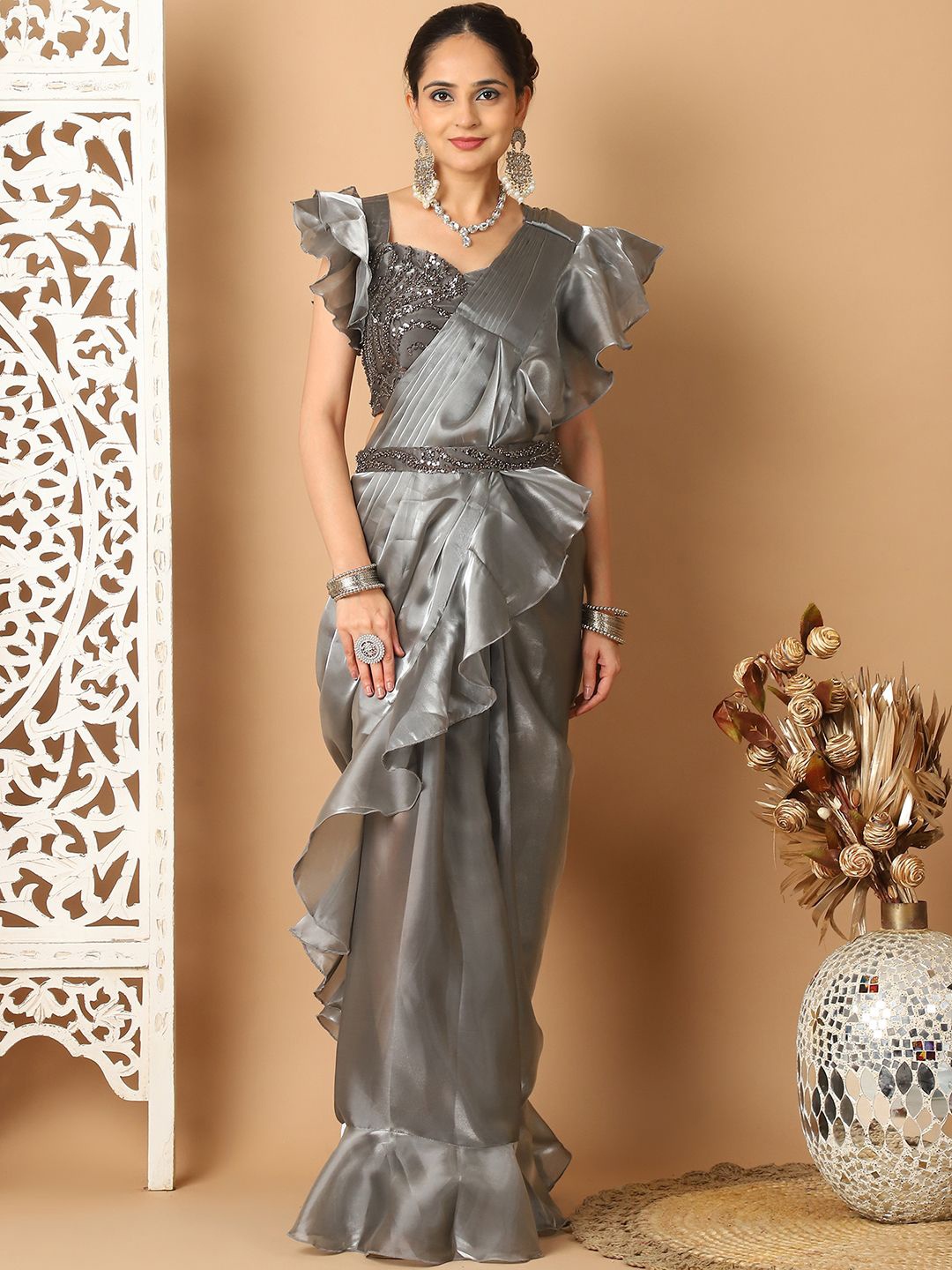 

Grancy Embellished Sequinned Ready to Wear Leheriya Saree, Grey