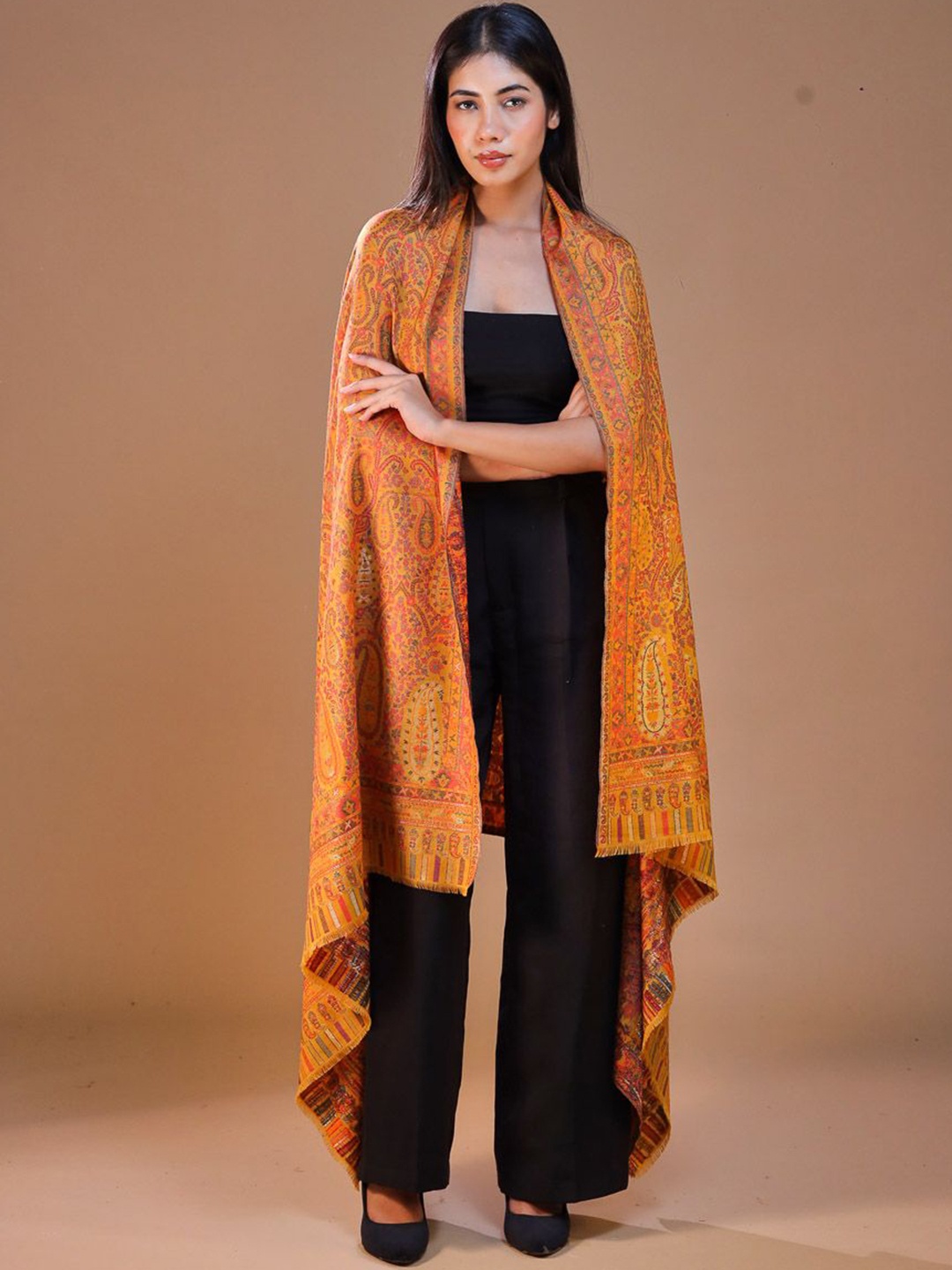 

SWI Stylish Ethnic Motifs Woven Design Woolen Shawl, Yellow