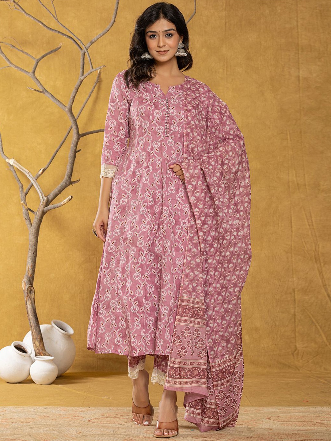 

Yufta Floral Printed Notch Neck Pure Cotton Anarkali Kurta With Trousers & Dupatta, Pink