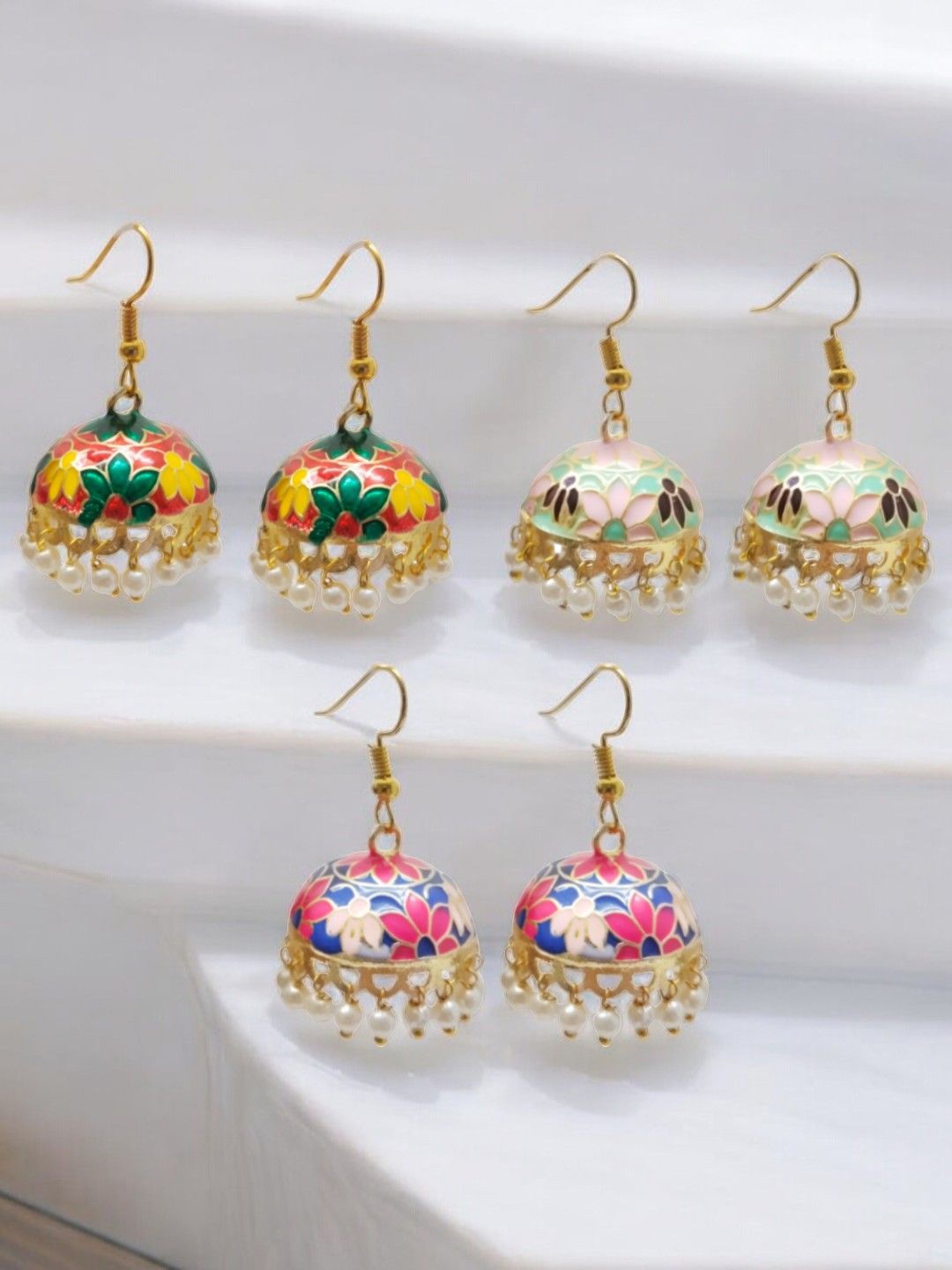 

OOMPH Set Of 3 Gold-Plated Dome Shaped Kundan Jhumkas Earrings, Red