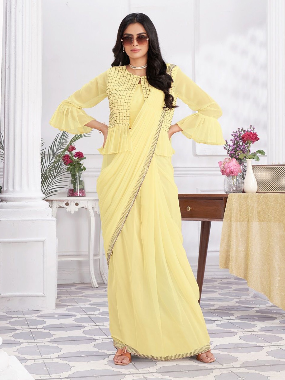 

JIVORA Embroidered Pure Georgette Ready to Wear Saree, Yellow