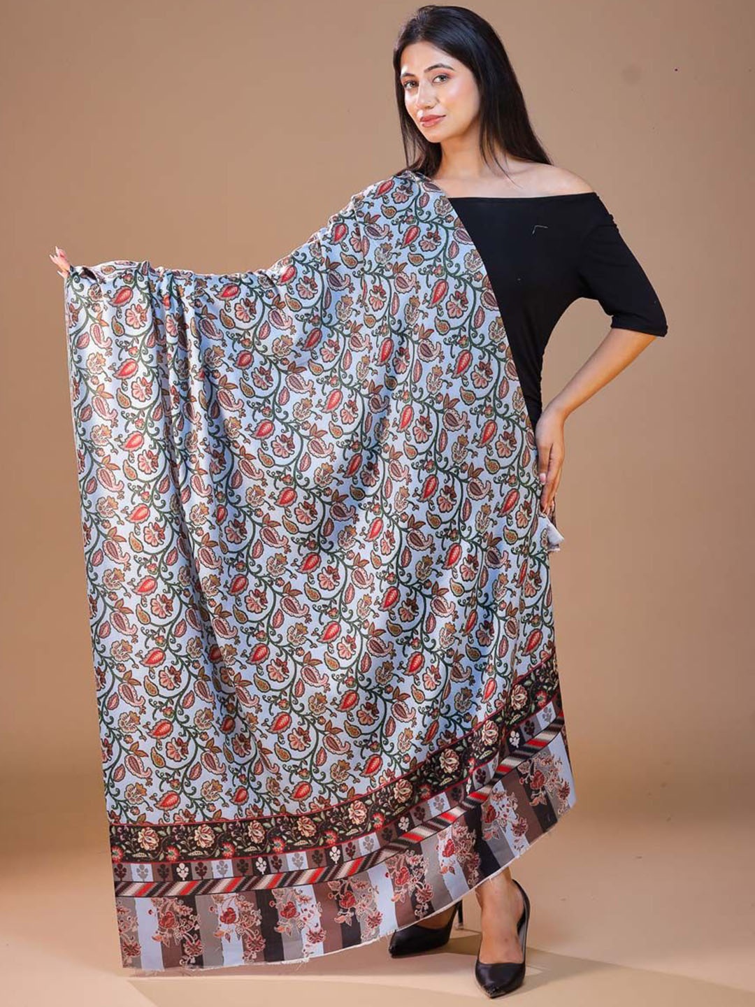 

SWI Stylish Floral Woven Design Woolen Shawl, Turquoise blue