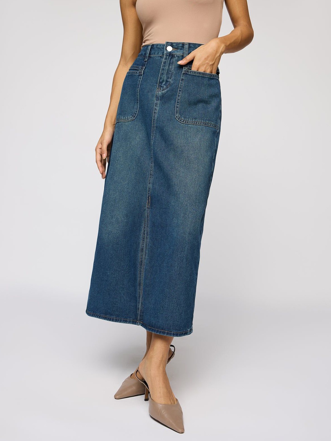 

FREAKINS Women Denim Front Slit Straight Midi Skirts, Blue