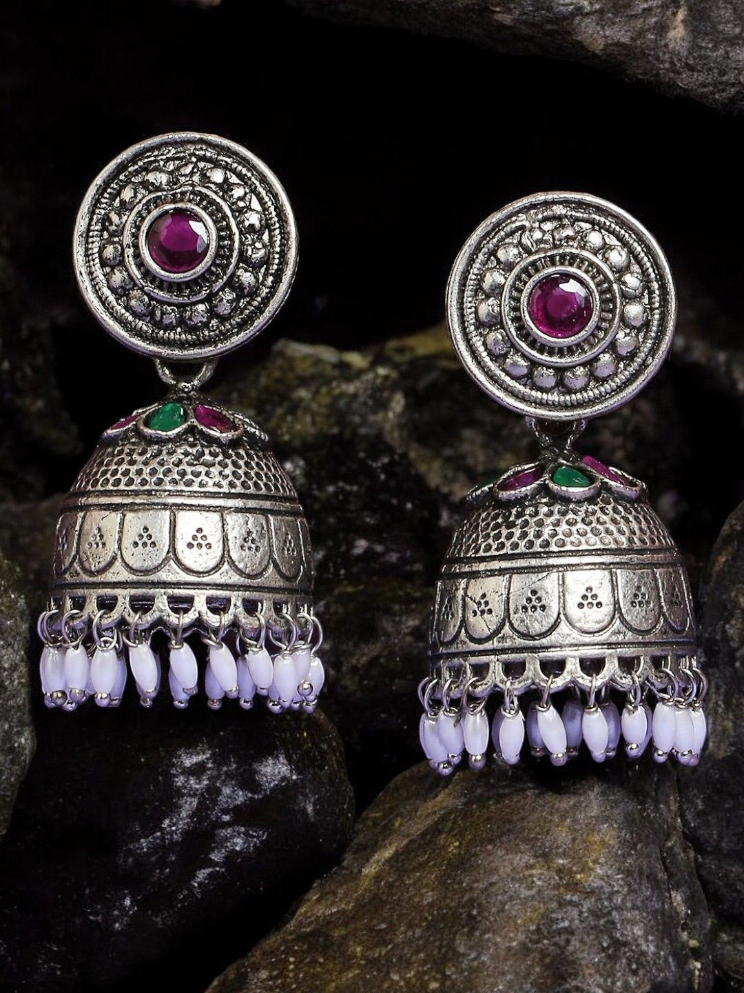 

Sangria Stone Studded & Beaded Jhumkas, Silver