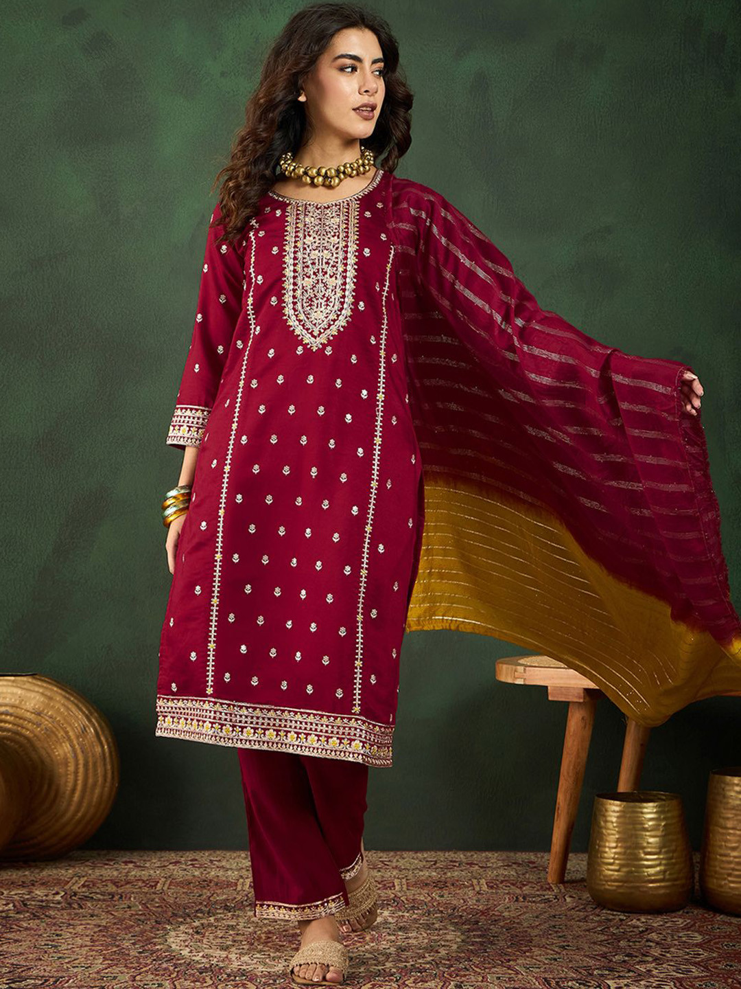 

Sangria Round Neck Embroidered Straight Kurta Set, Maroon
