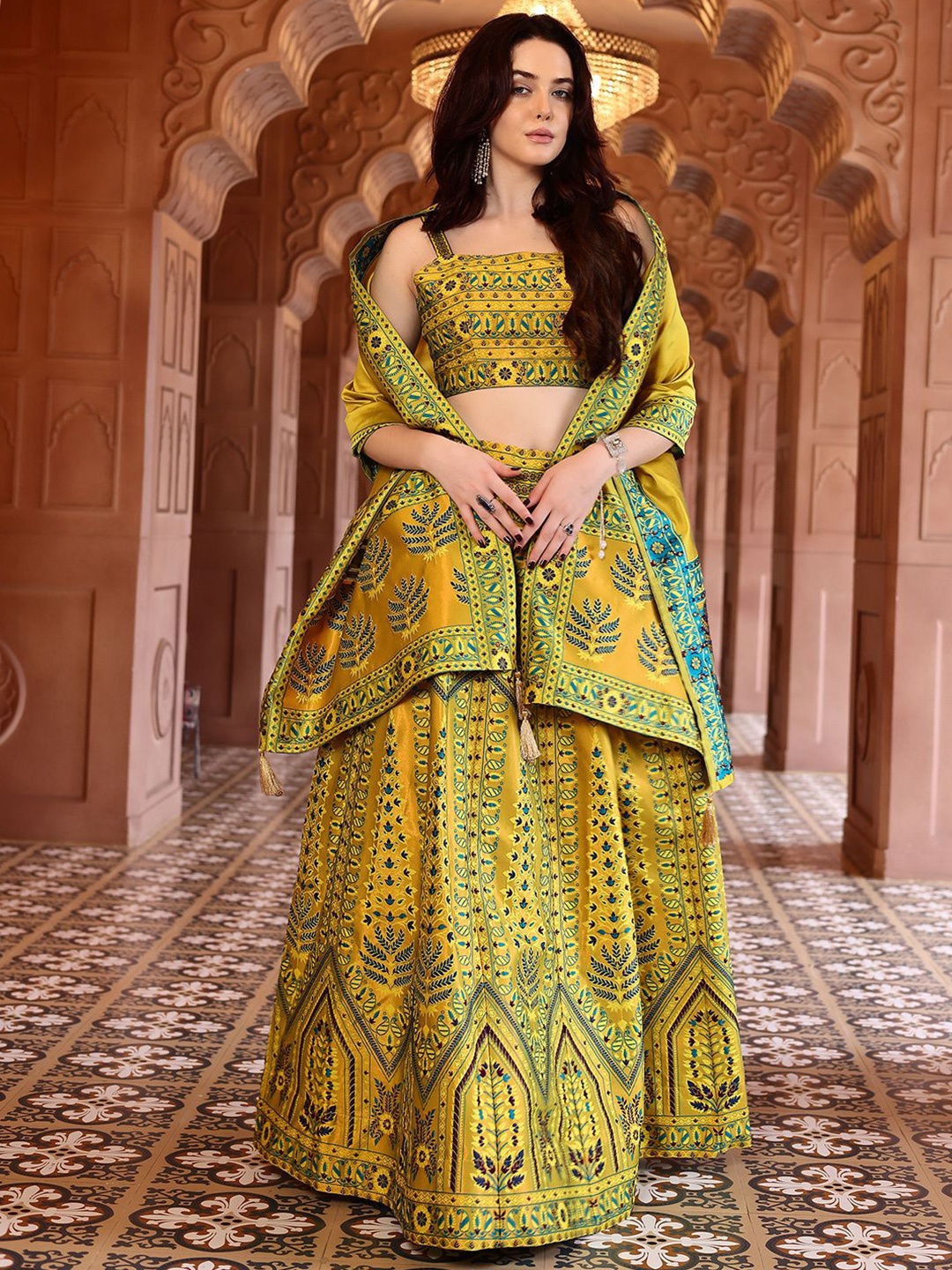 

PURVAJA Ready to Wear Lehenga & Unstitched Blouse With Dupatta, Lime green