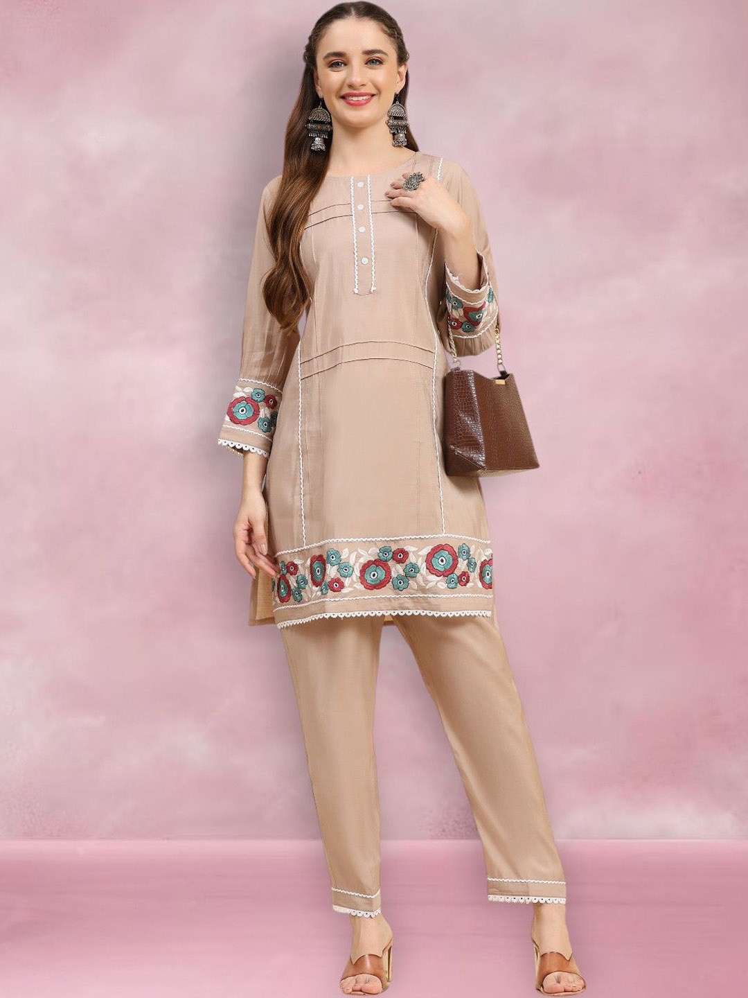 

Growish Embroidered Tunic With Trousers, Beige