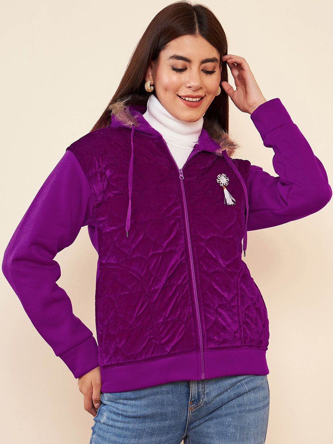 

PIVL Women Self Design Hooded Open Front Jacket, Purple