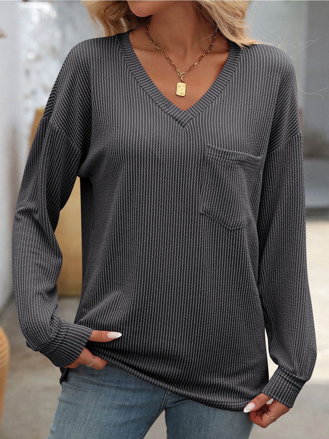 

StyleCast x Revolte Women Vertical Striped V-Neck Top, Grey