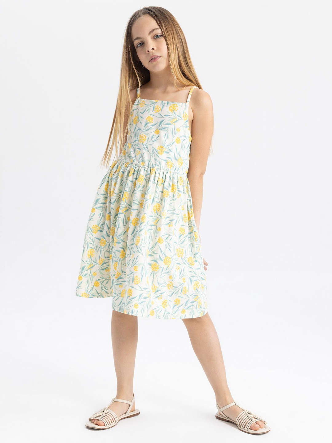 

DeFacto Girls Floral Printed Cotton Fit & Flare Dress, White