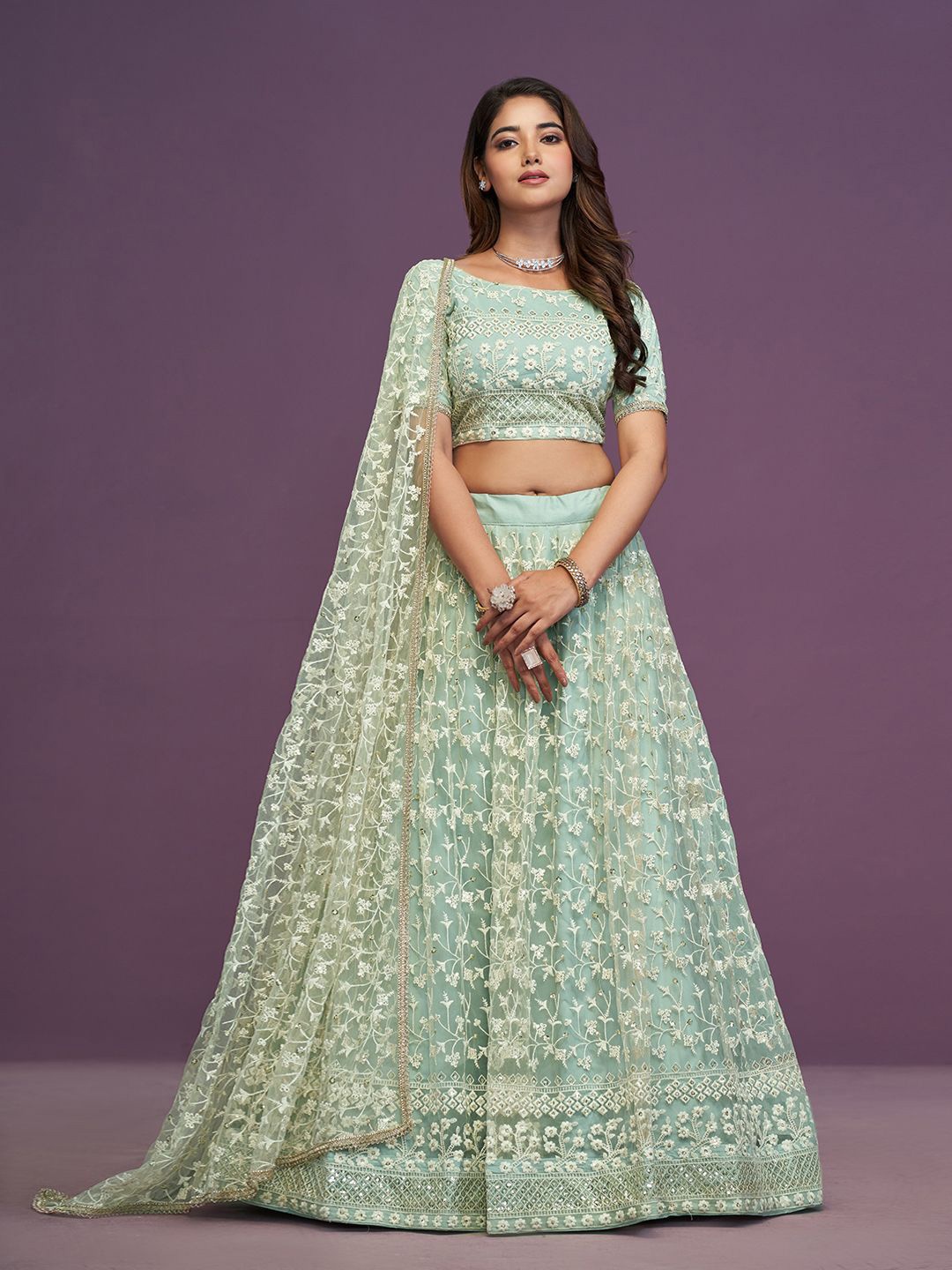 

JIHU CULTURE Embroidered Sequinned Semi-Stitched Net Lehenga & Blouse With Dupatta, Green