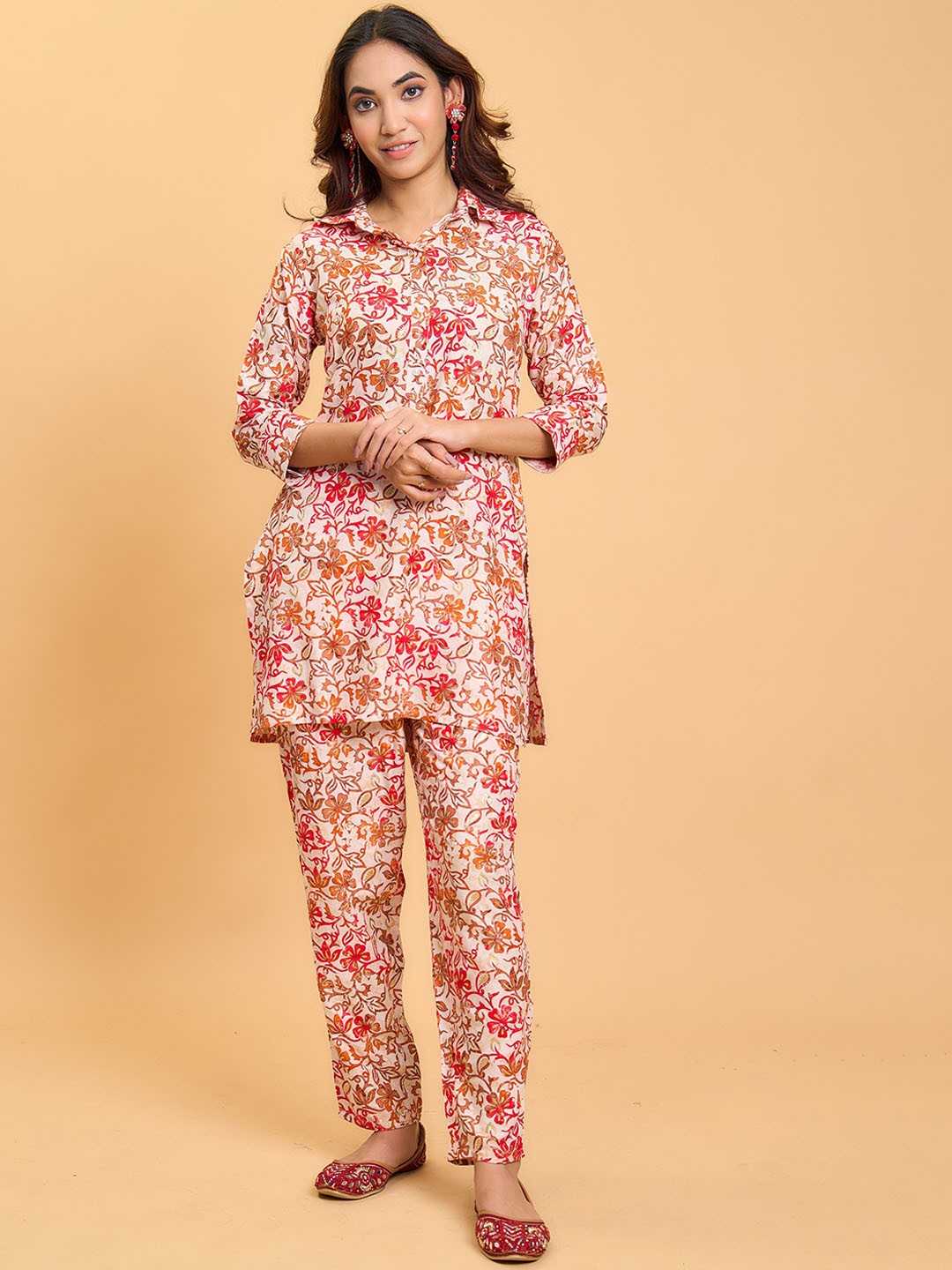 

KALINI Women Floral Printed Regular Kurti with Trousers, Cream