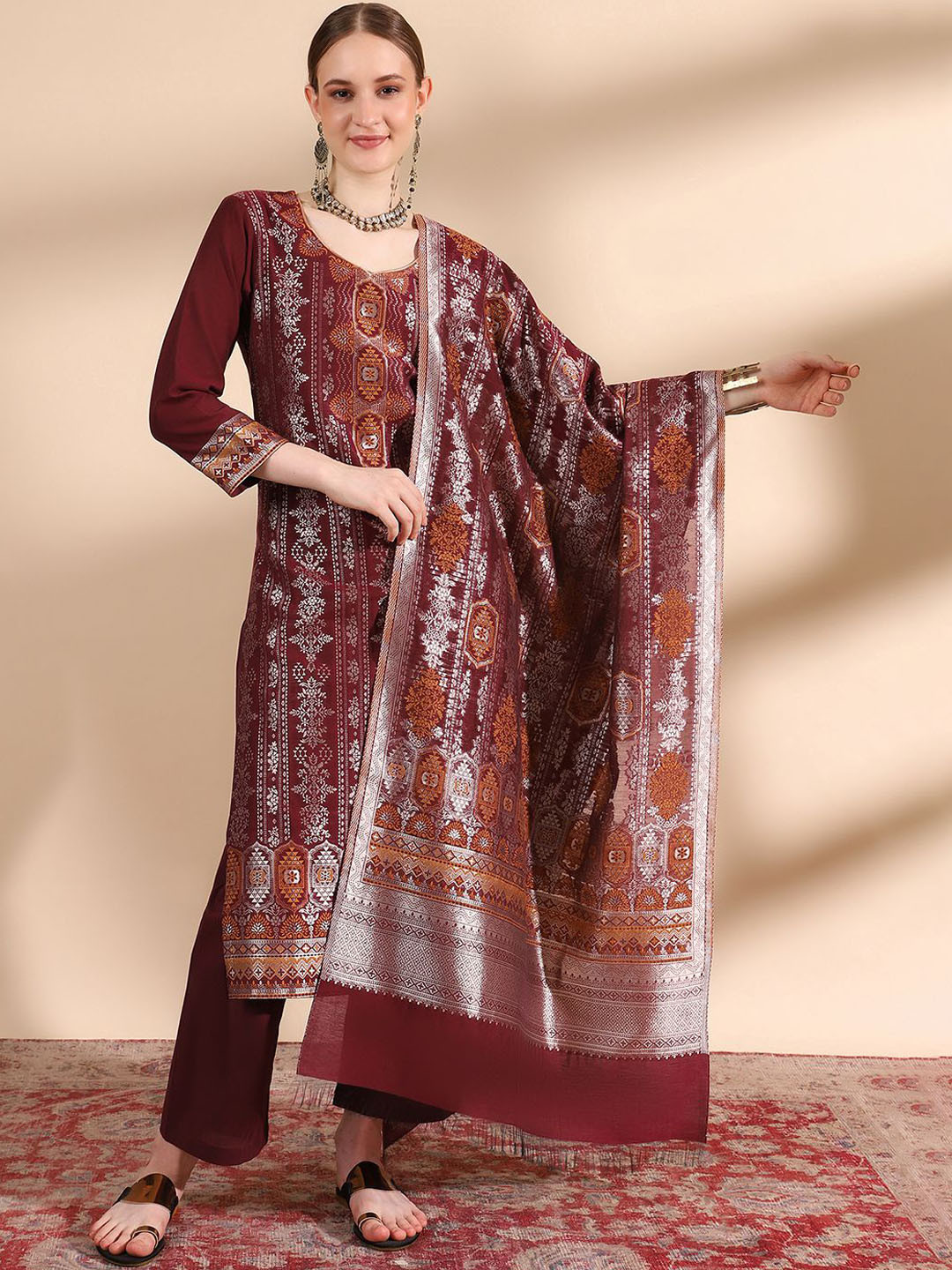 

KIDAR Floral Woven Design Zari Jacquard Cotton Silk Straight Kurta with Trousers & Dupatta, Maroon