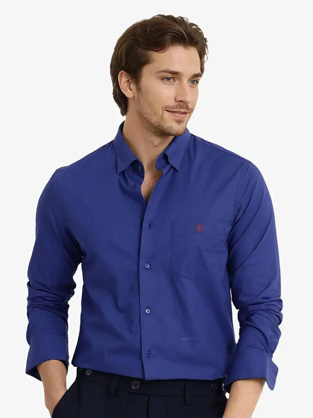 

RARE RABBIT Men Comfort Spread Collar Solid Cotton Casual Shirt, Blue
