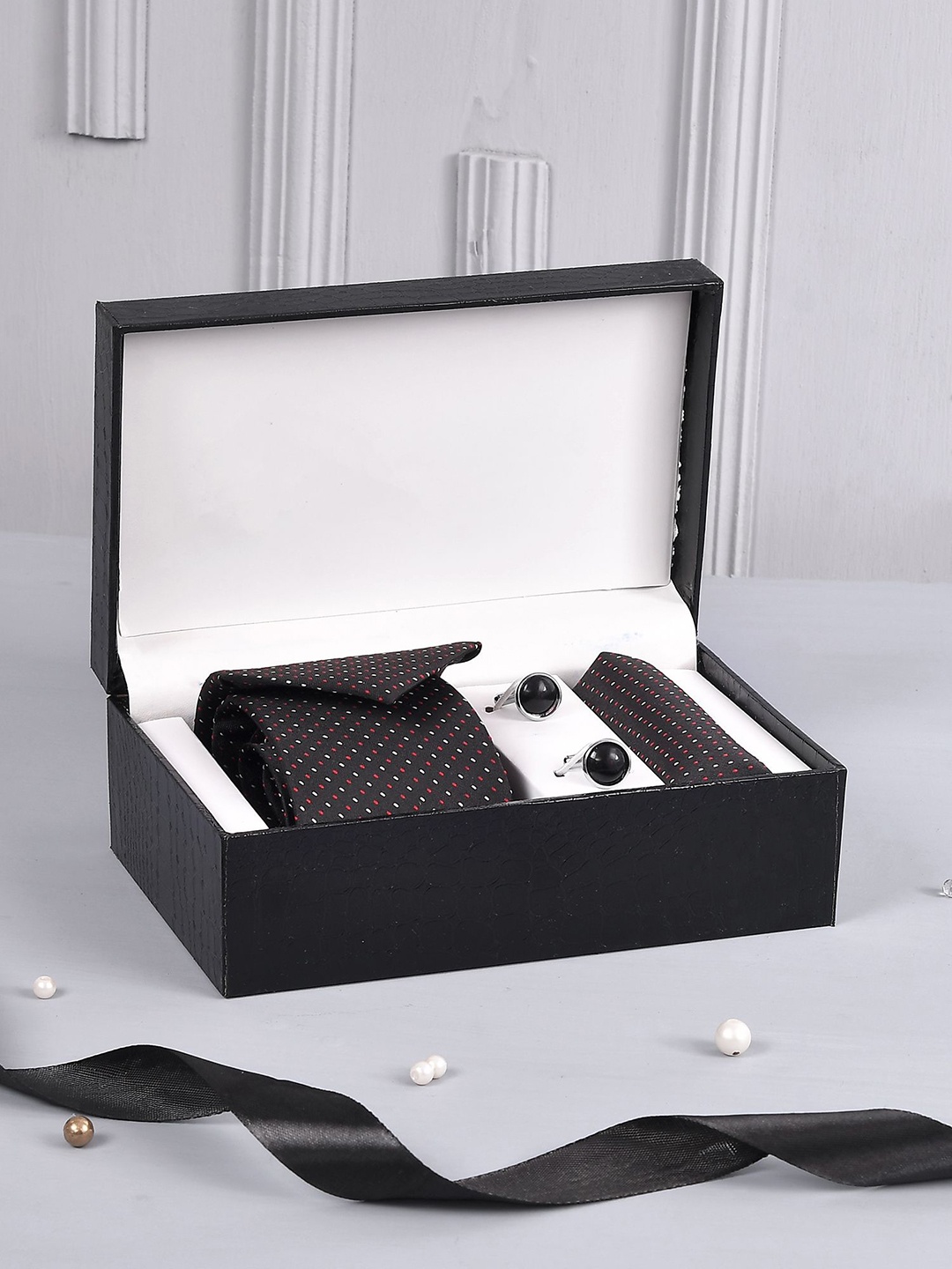 

Voylla Patterned Tie With Cufflinks Accessory Gift Set, Brown