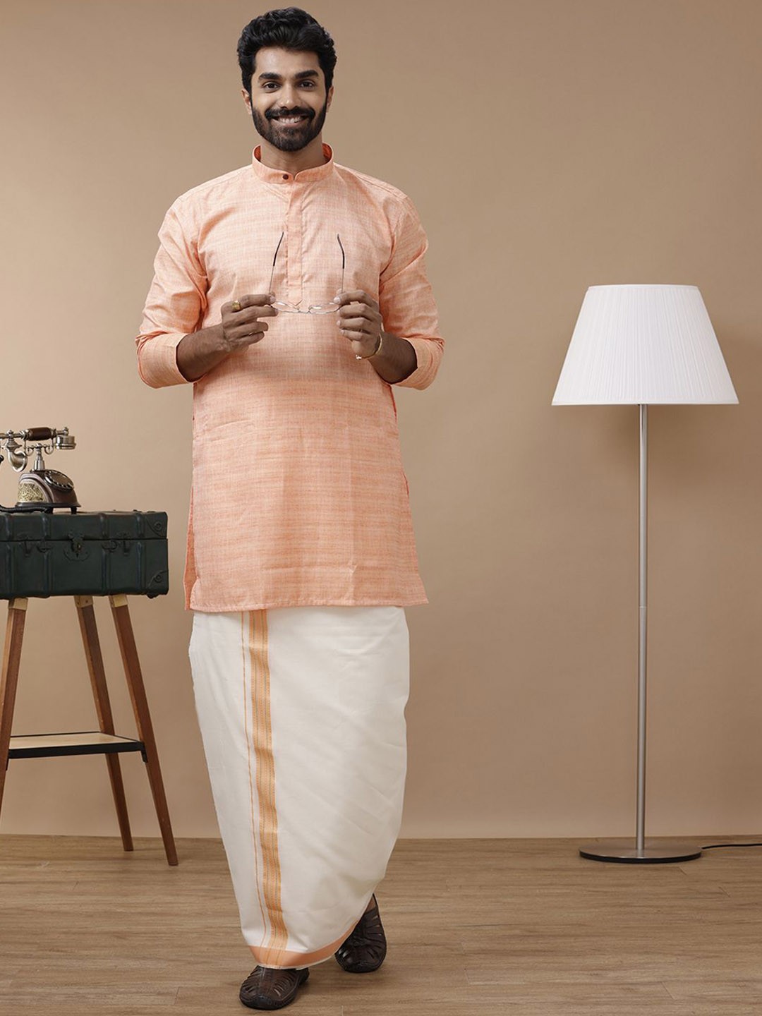 

Ramraj Straight Mandarin Collar Pure Cotton Straight Kurta With Kora Double Dhoti, Orange