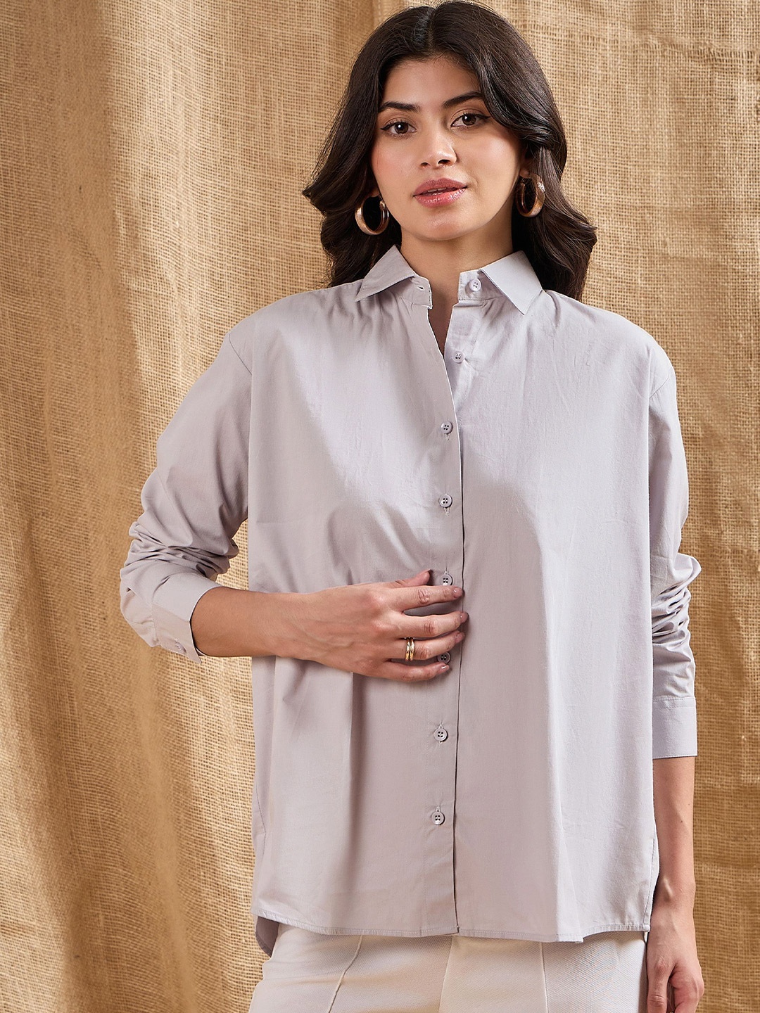 

SASSAFRAS Women Spread Collar Solid Cotton Casual Shirt, Grey