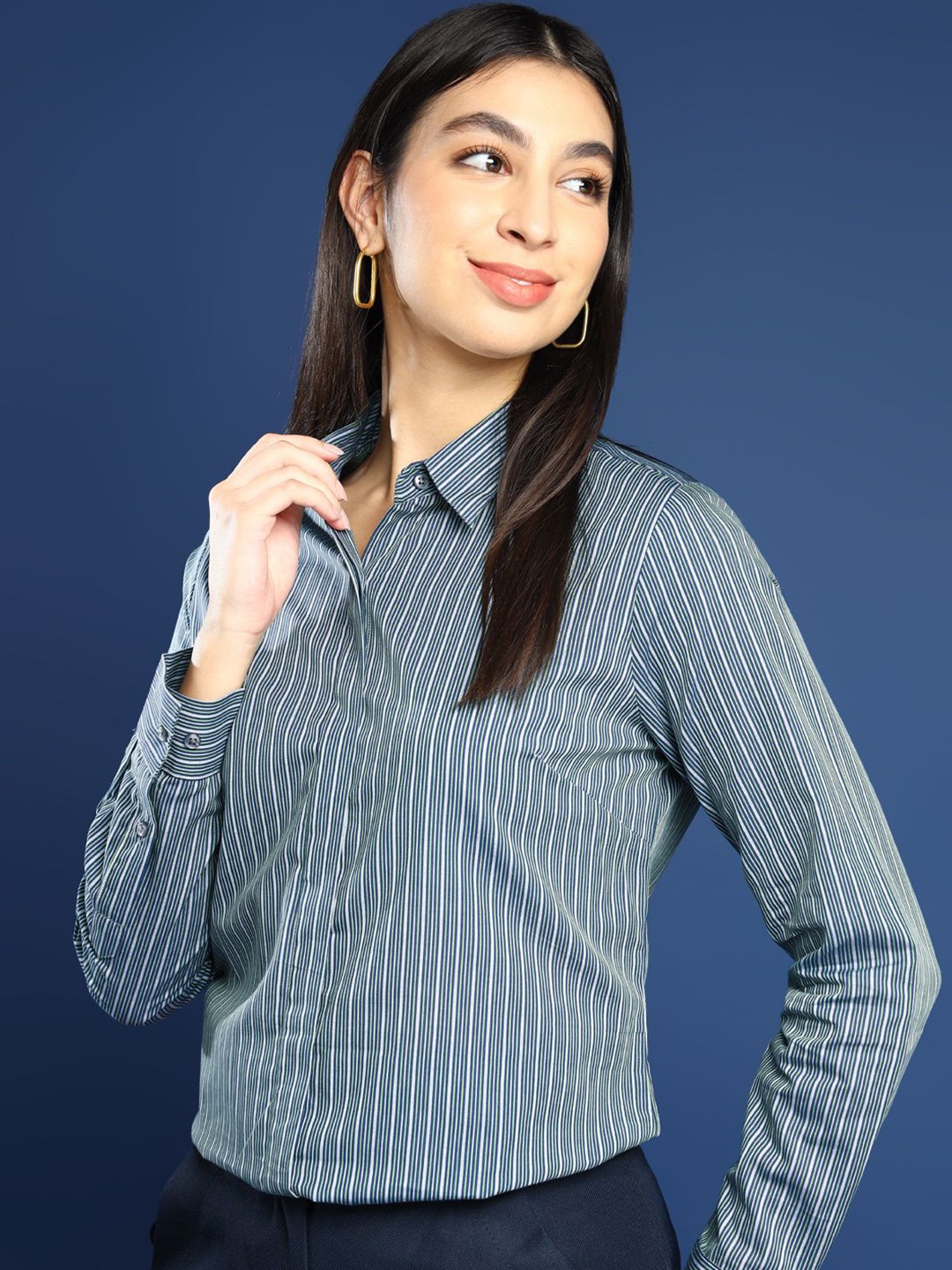 

Hancock Women Spread Collar Vertical Striped Cotton Formal Shirt, Navy blue