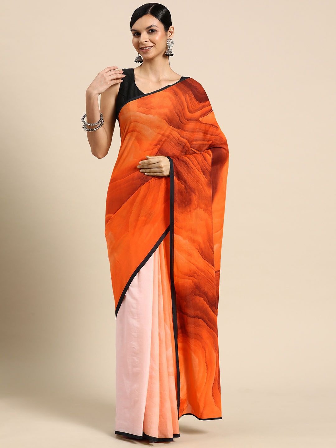

BUTA BUTI Abstract Printed Cotton Saree, Orange